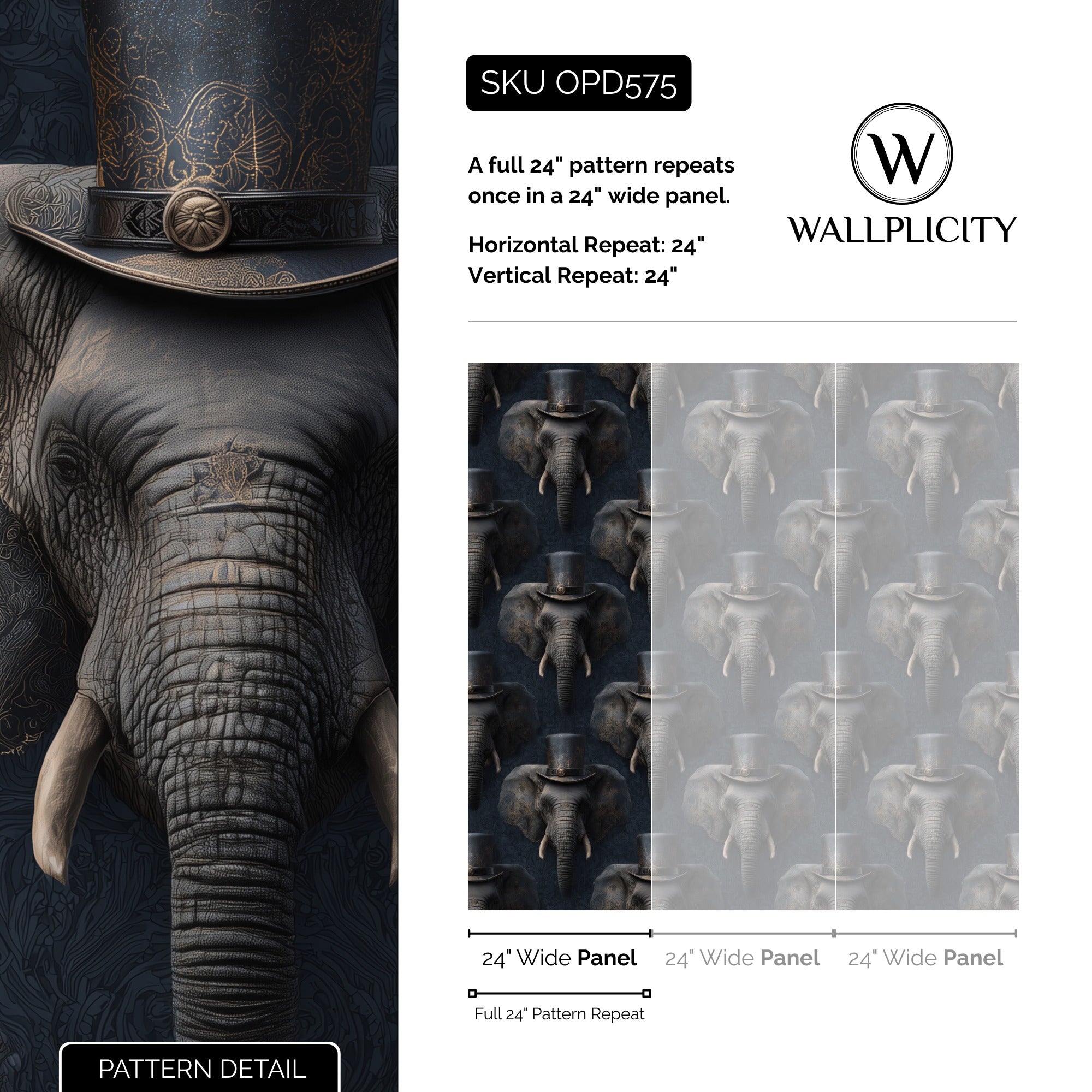 Dapper Elephant wallpaper pattern detail and repeat size