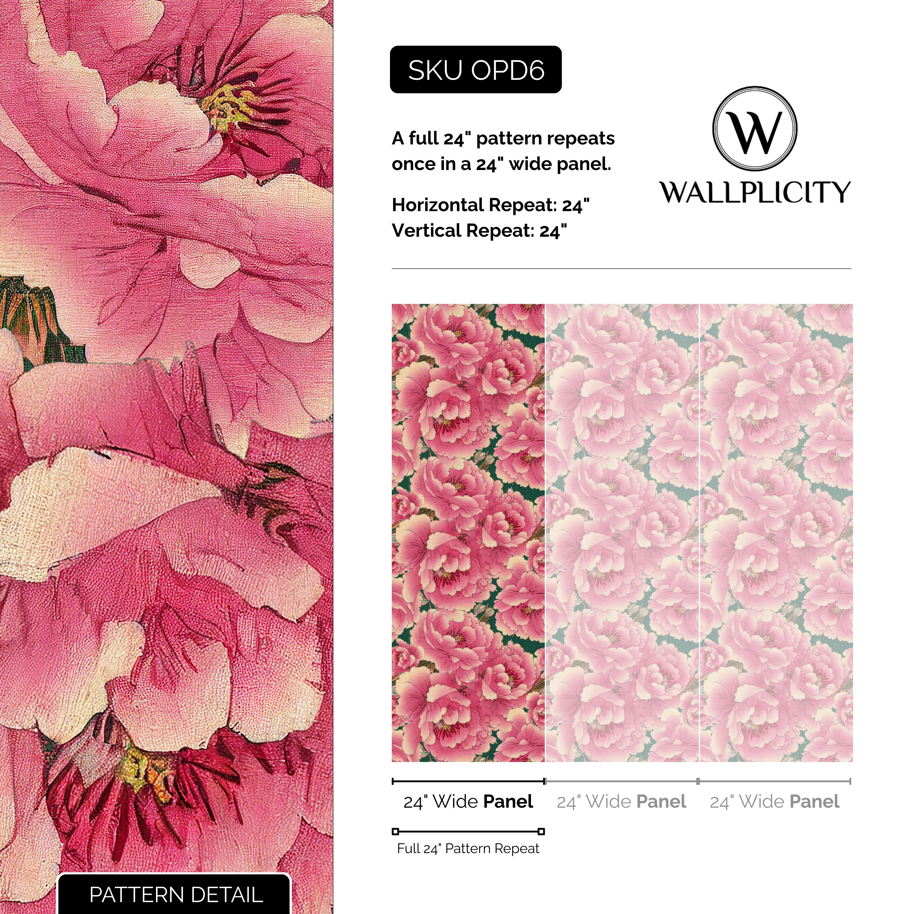 Peony Pavilion wallpaper pattern detail and repeat size
