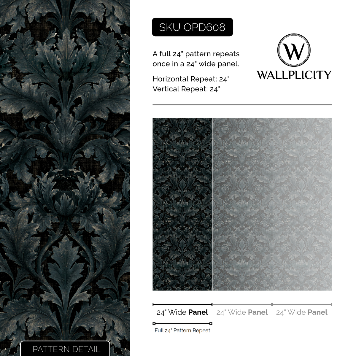 Slate Acanthus wallpaper pattern detail and repeat size
