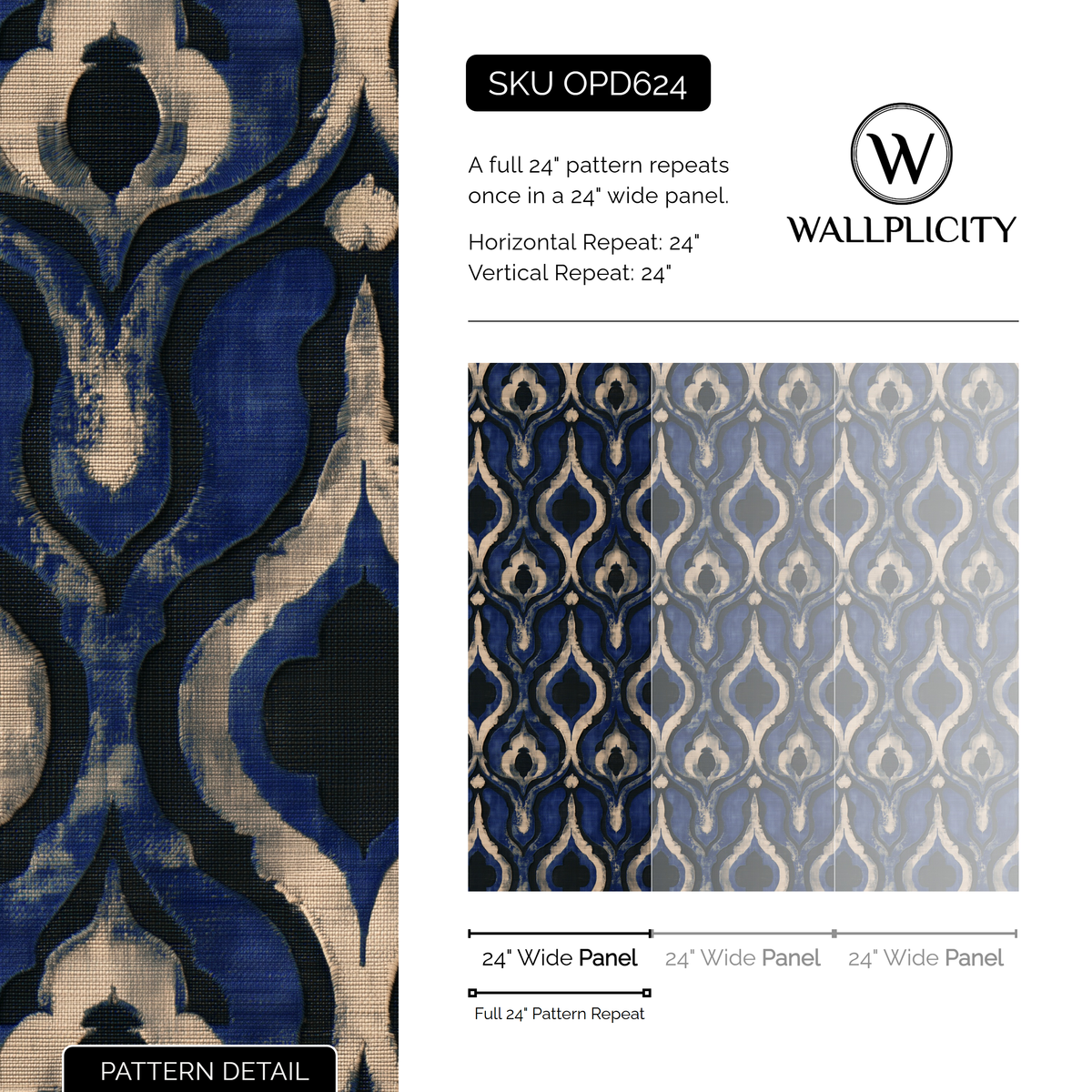 Cobalt Lantern wallpaper pattern detail and repeat size