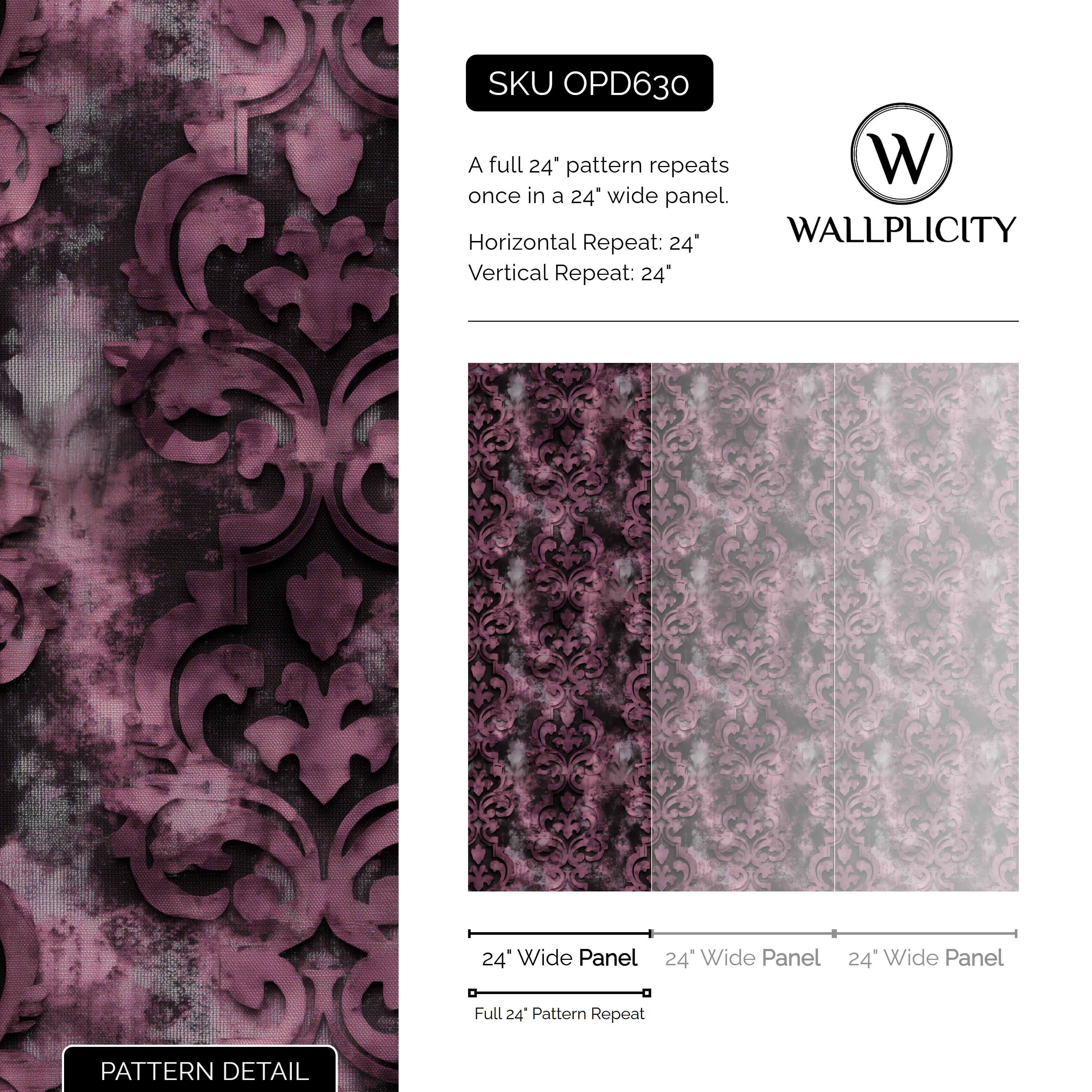 Mauve Relic wallpaper pattern detail and repeat size