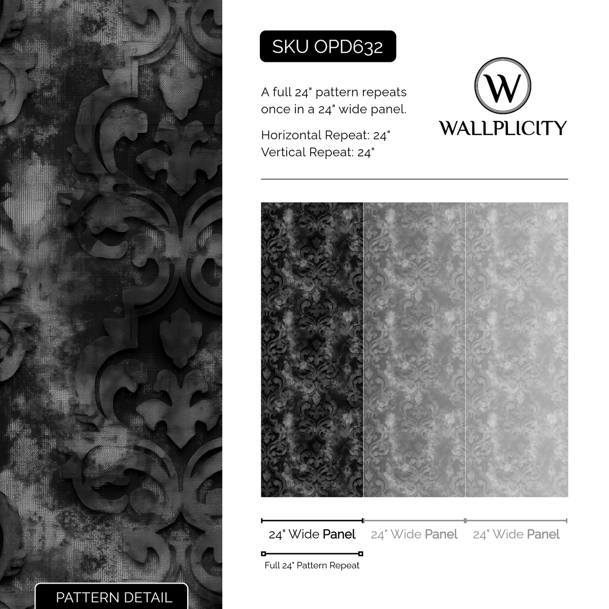 Pewter Relic wallpaper pattern detail and repeat size
