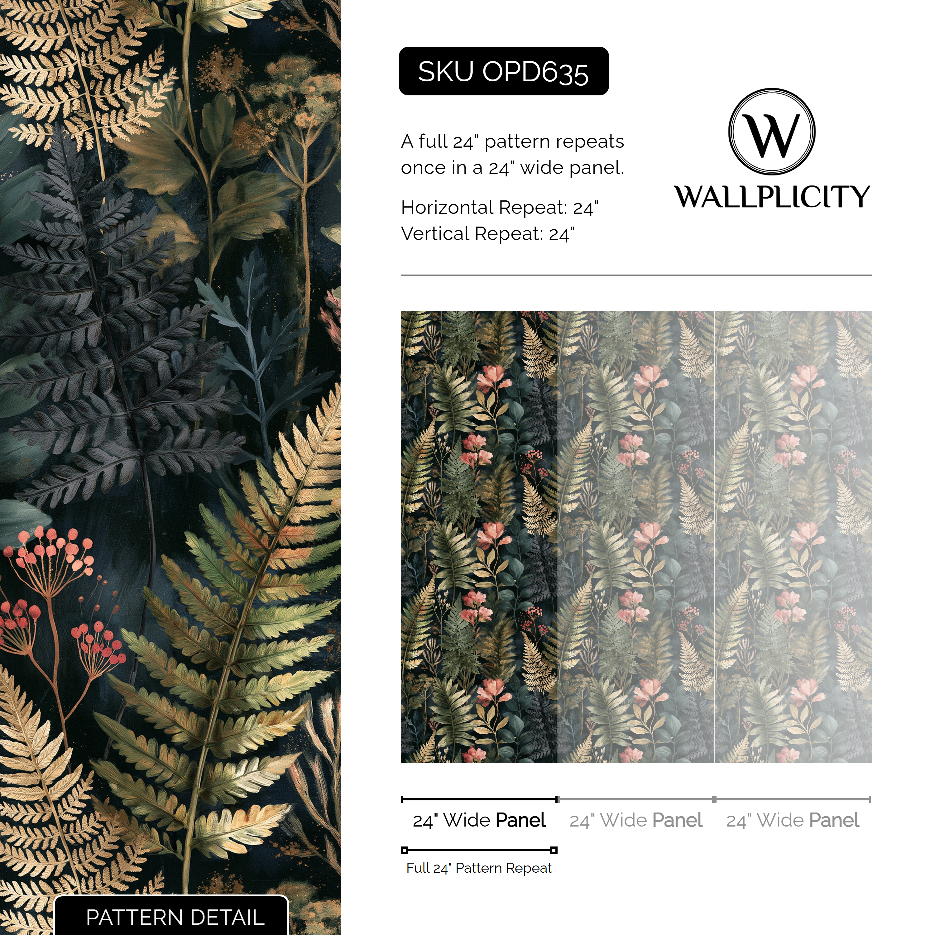 Fern Hollow wallpaper pattern detail and repeat size