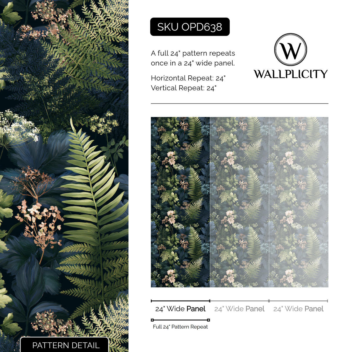 Evening Fernery wallpaper pattern detail and repeat size