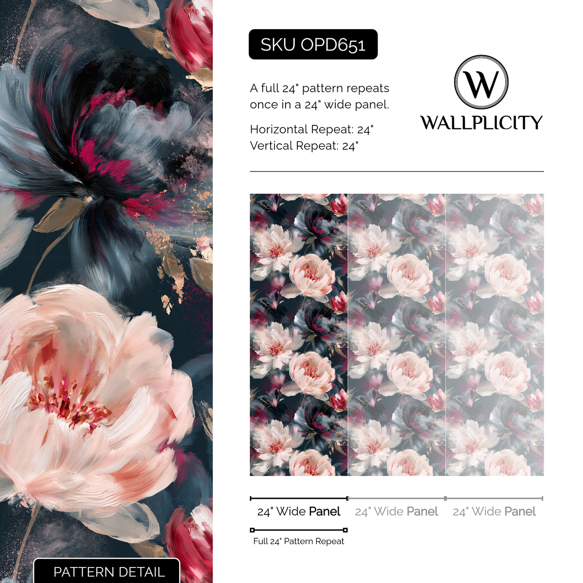 Moonlit Peony wallpaper pattern detail and repeat size