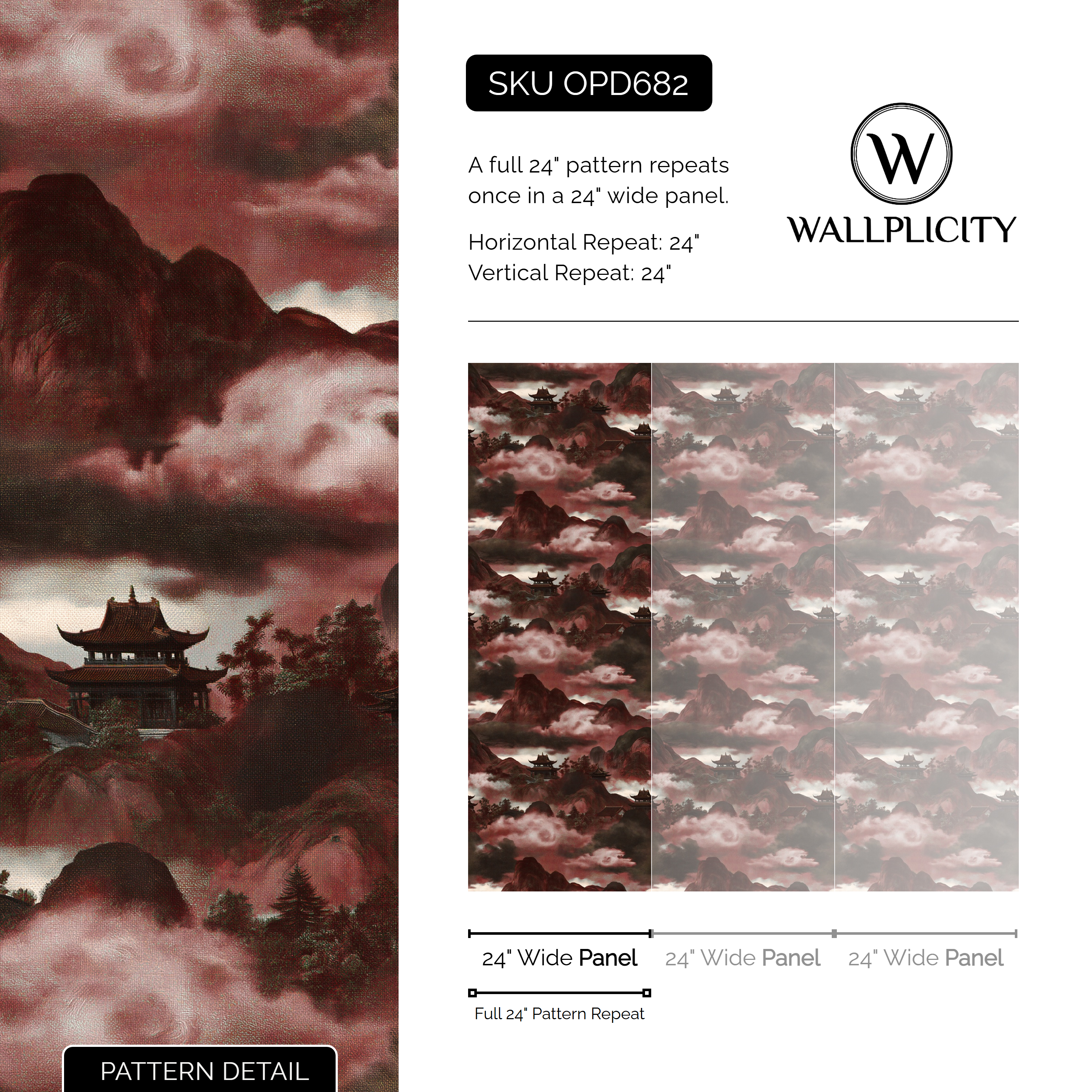 Oxblood Pagoda wallpaper pattern detail and repeat size