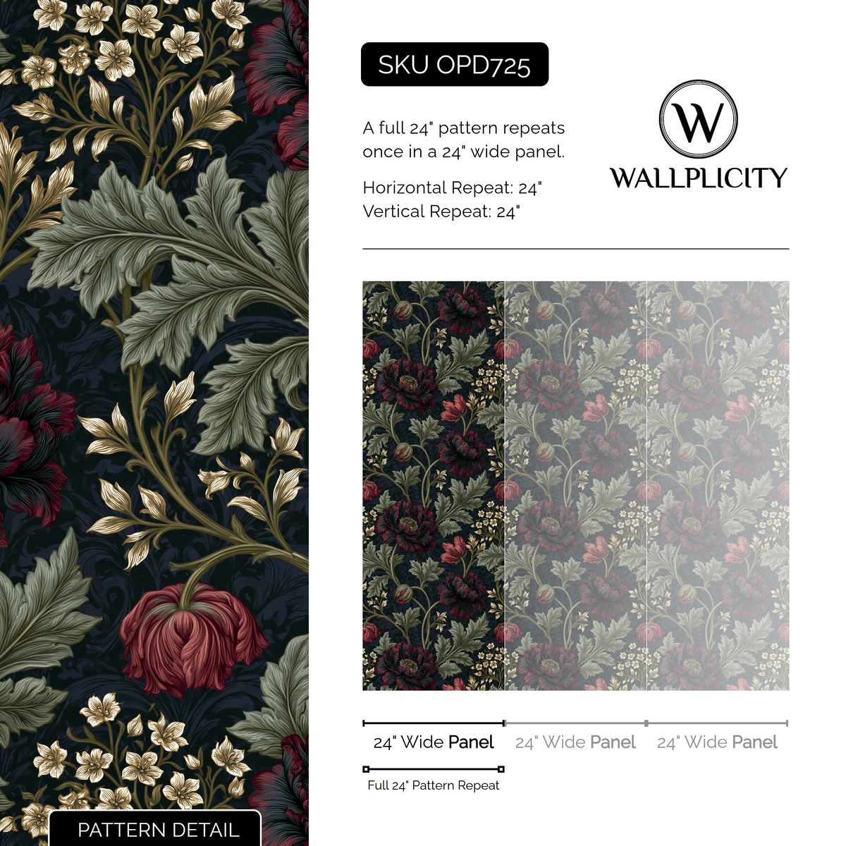 Nocturne Poppy wallpaper pattern detail and repeat size