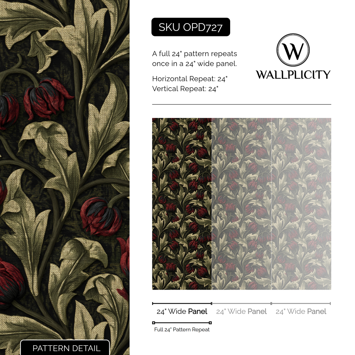 Shadow Tulip wallpaper pattern detail and repeat size