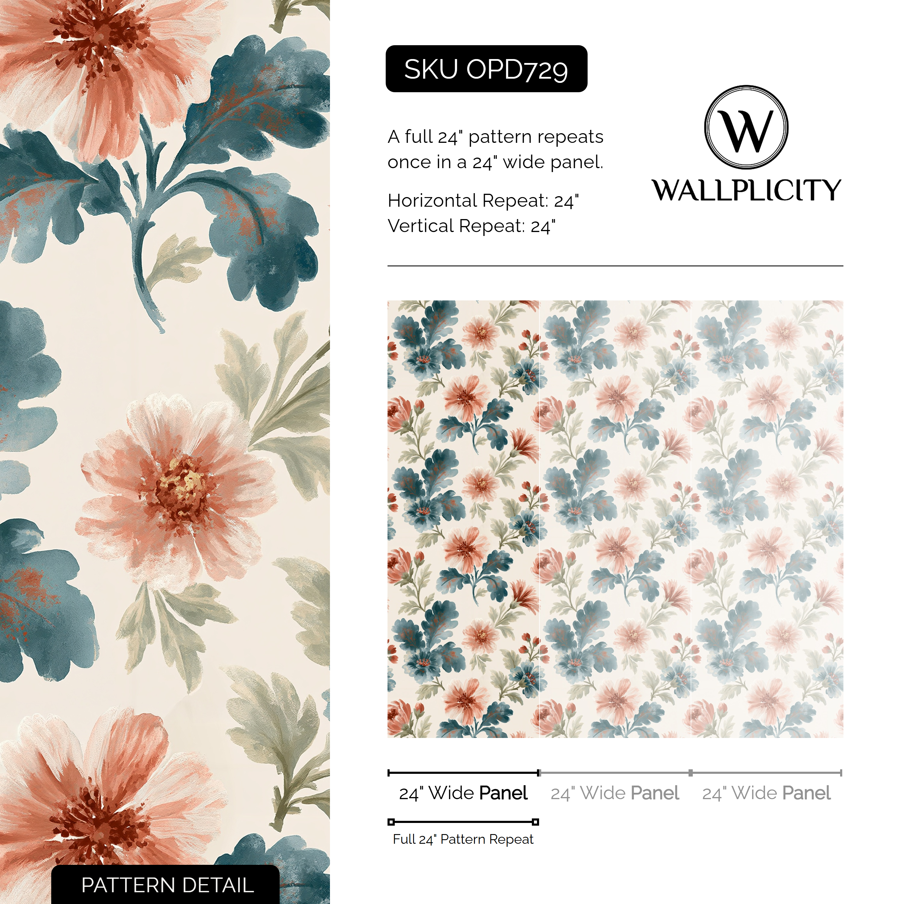 Dusty Cornflower wallpaper pattern detail and repeat size