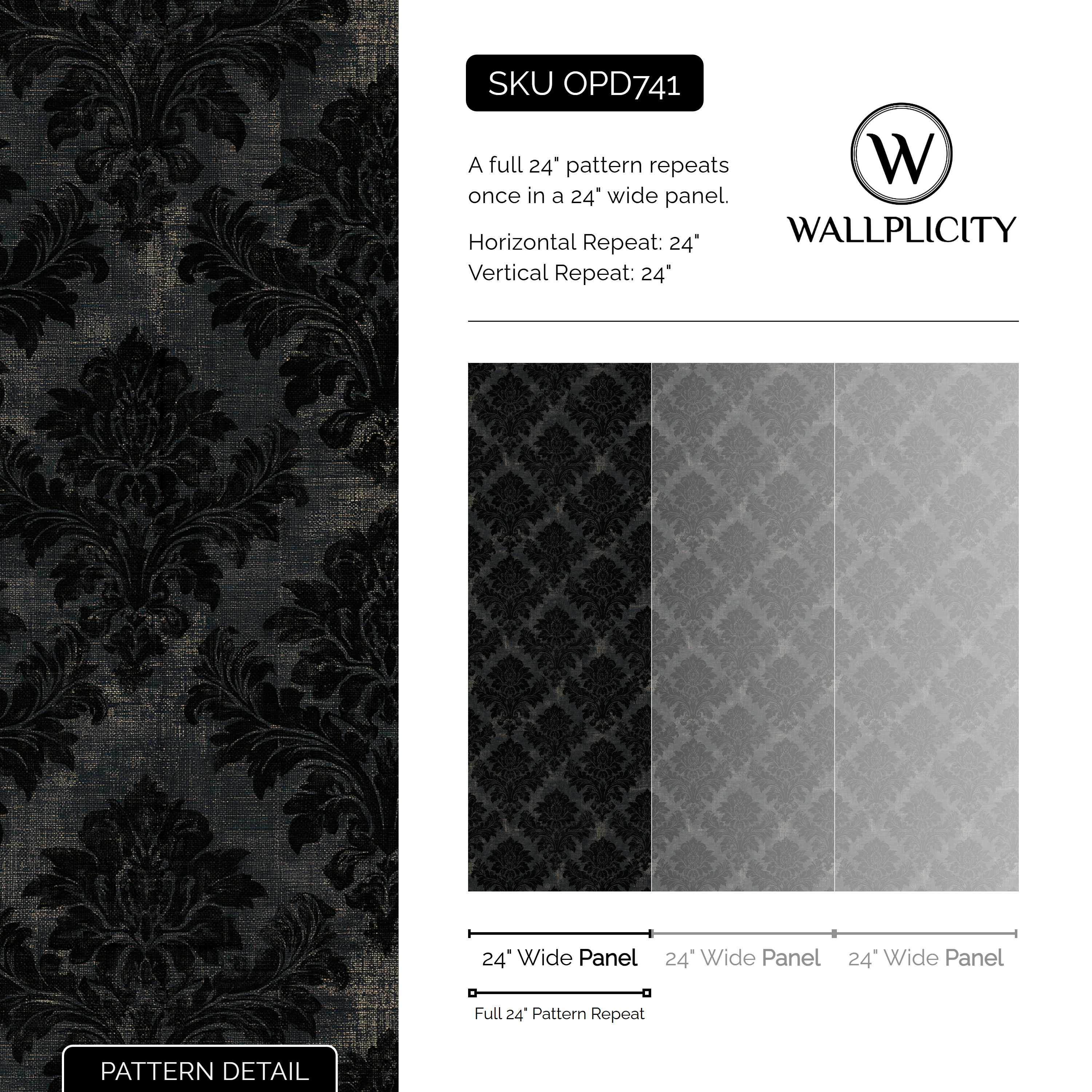 Obsidian Damask wallpaper pattern detail and repeat size