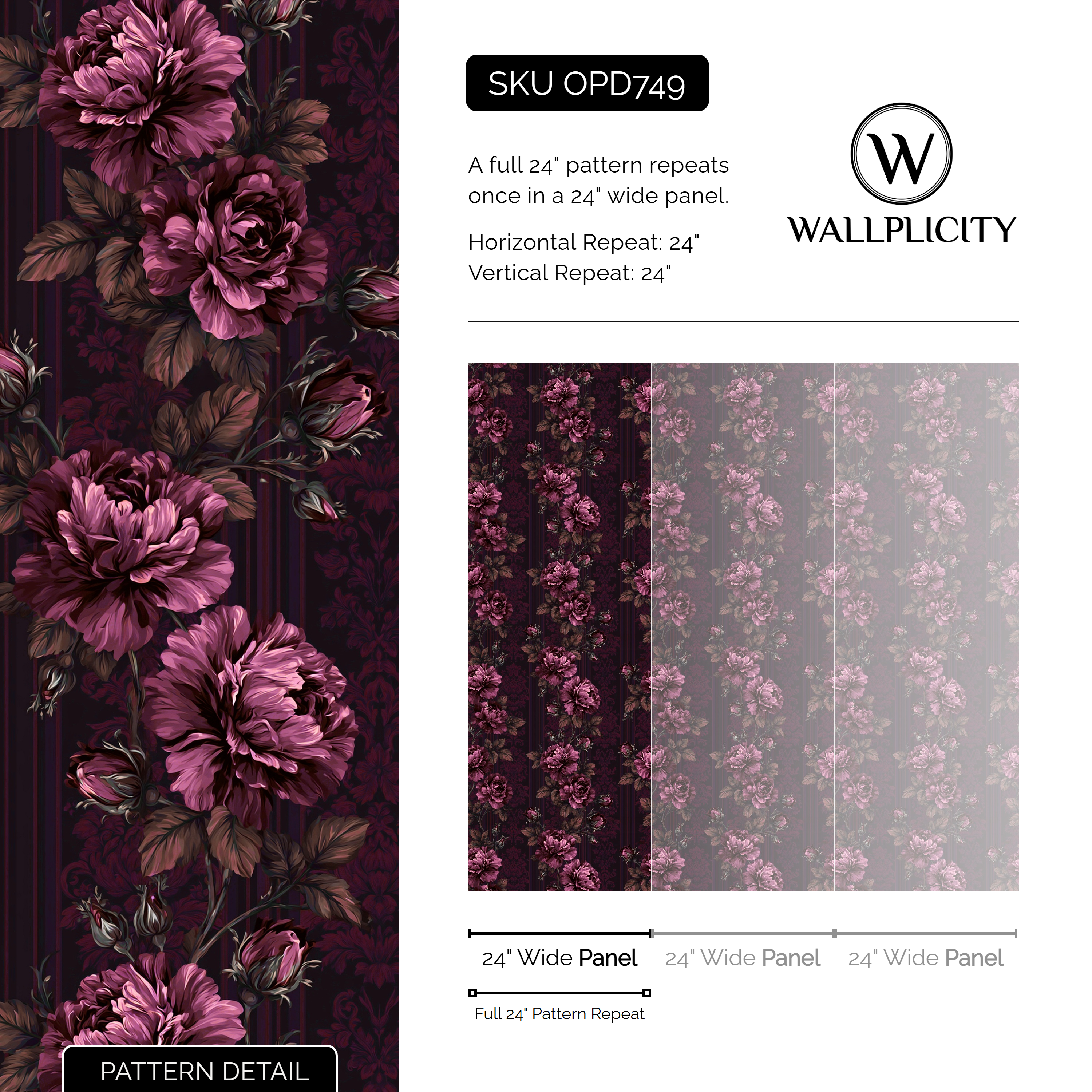 Damson Rose wallpaper pattern detail and repeat size