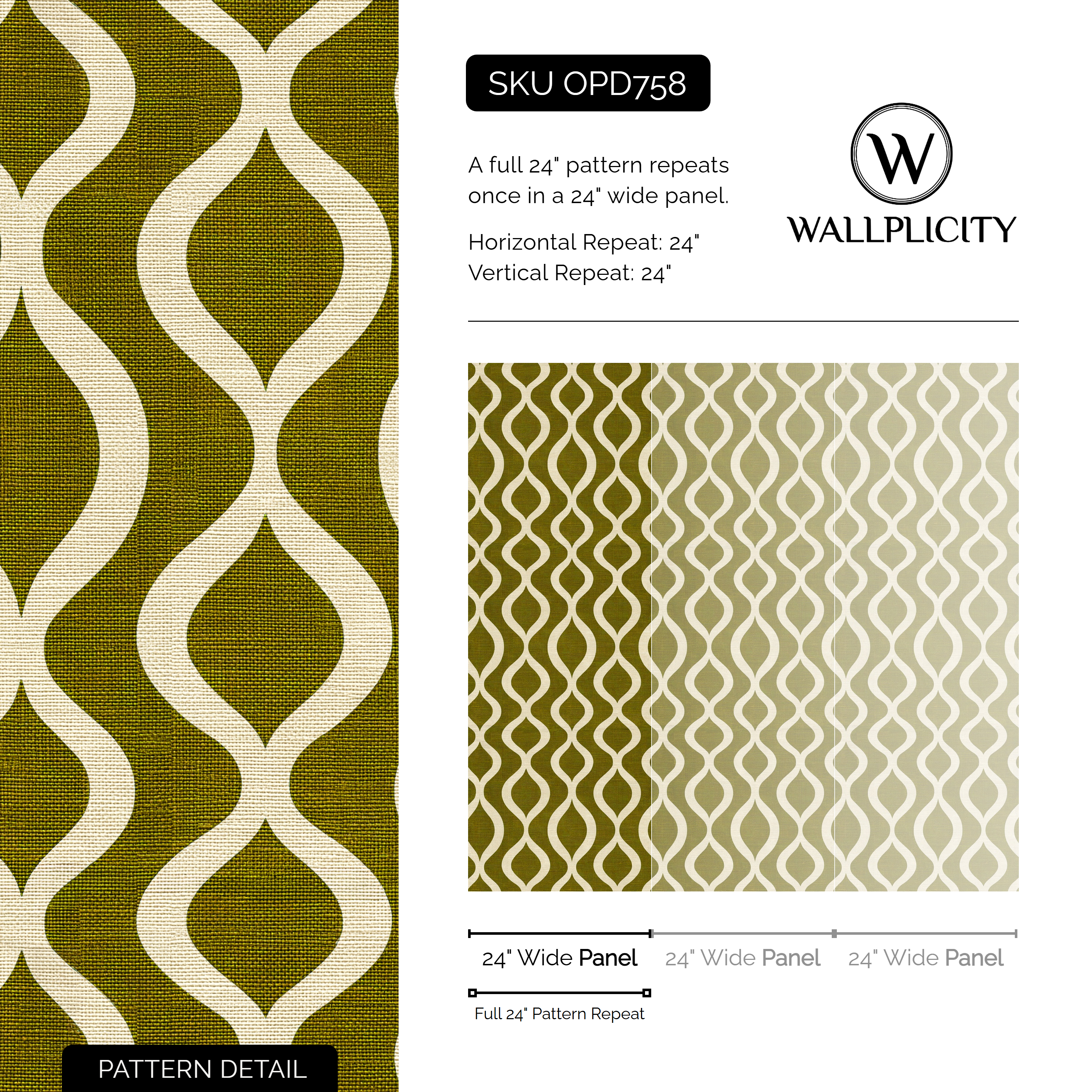 Olive Pendulum wallpaper pattern detail and repeat size