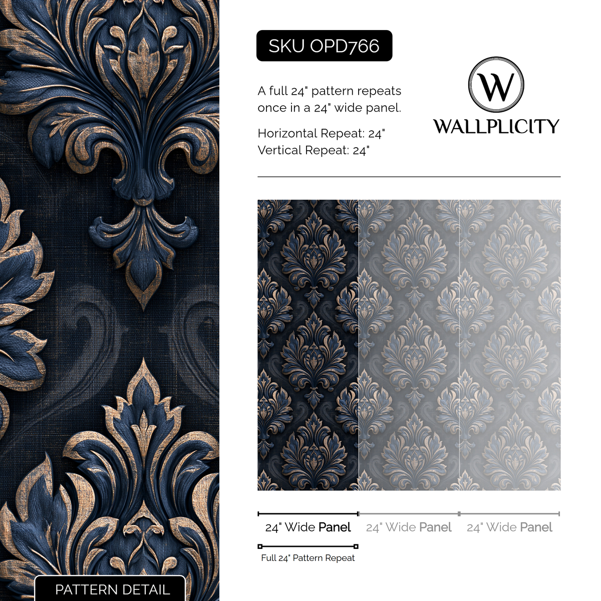Sapphire Damask wallpaper pattern detail and repeat size