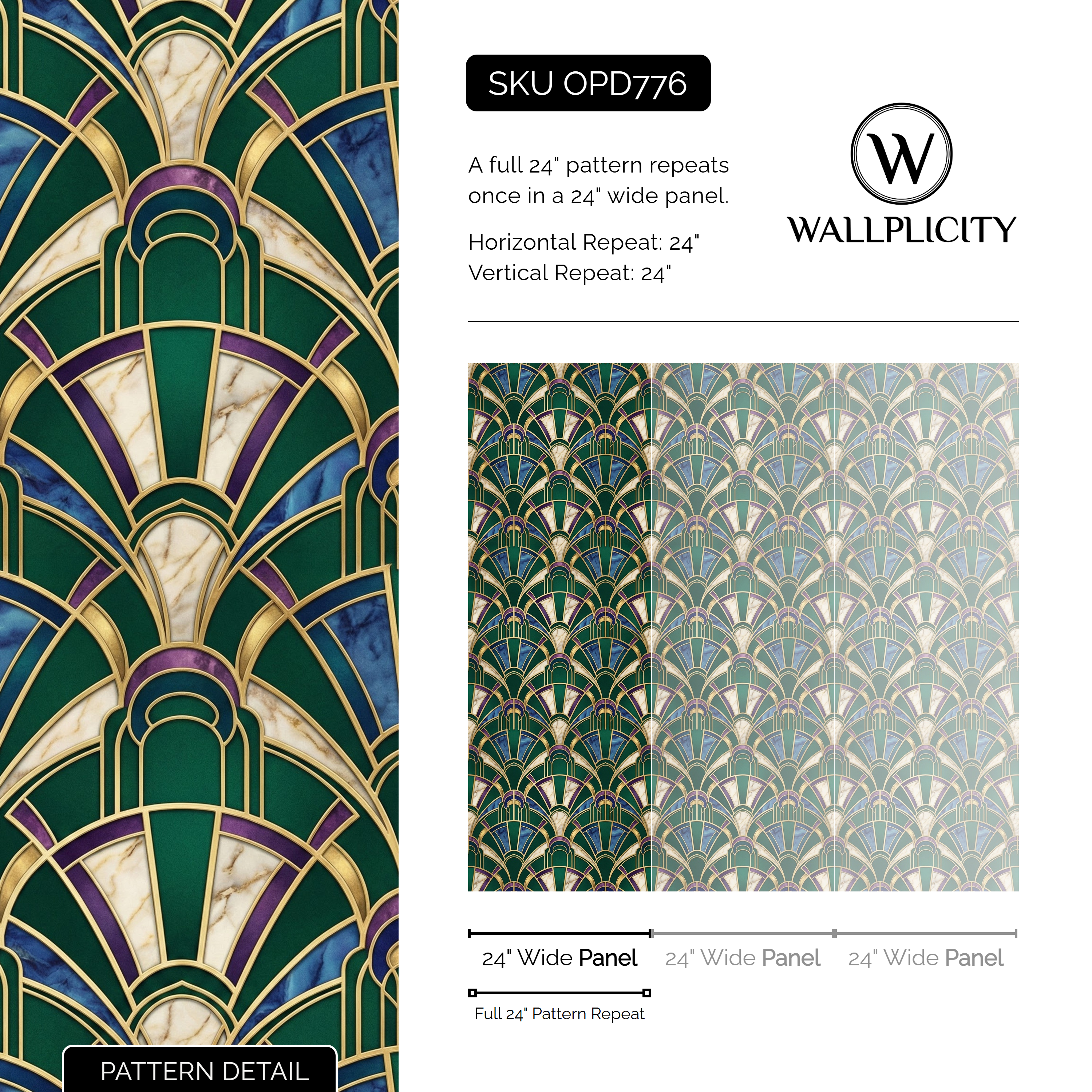 Emerald Deco Fan wallpaper pattern detail and repeat size