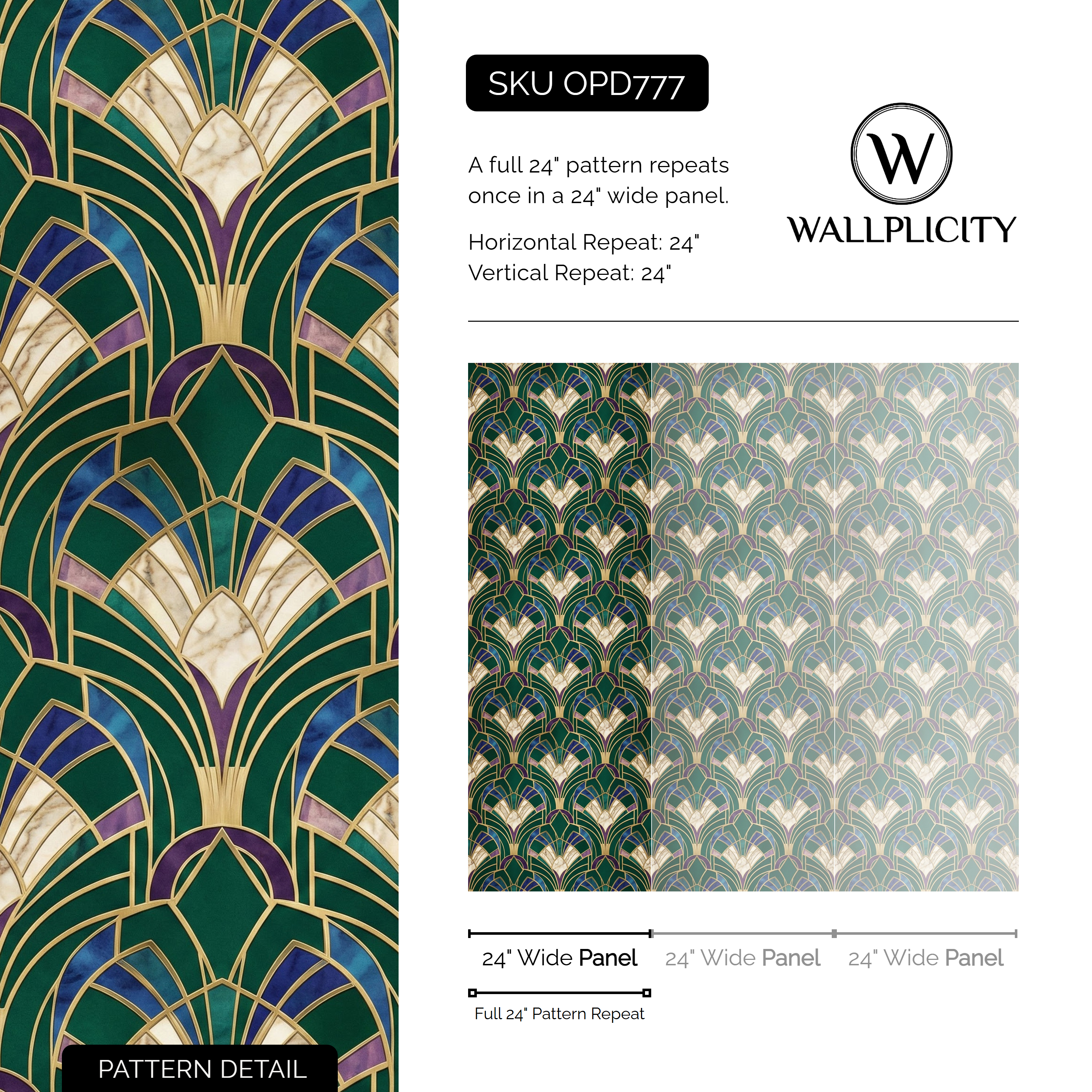 Jade Deco Fan wallpaper pattern detail and repeat size