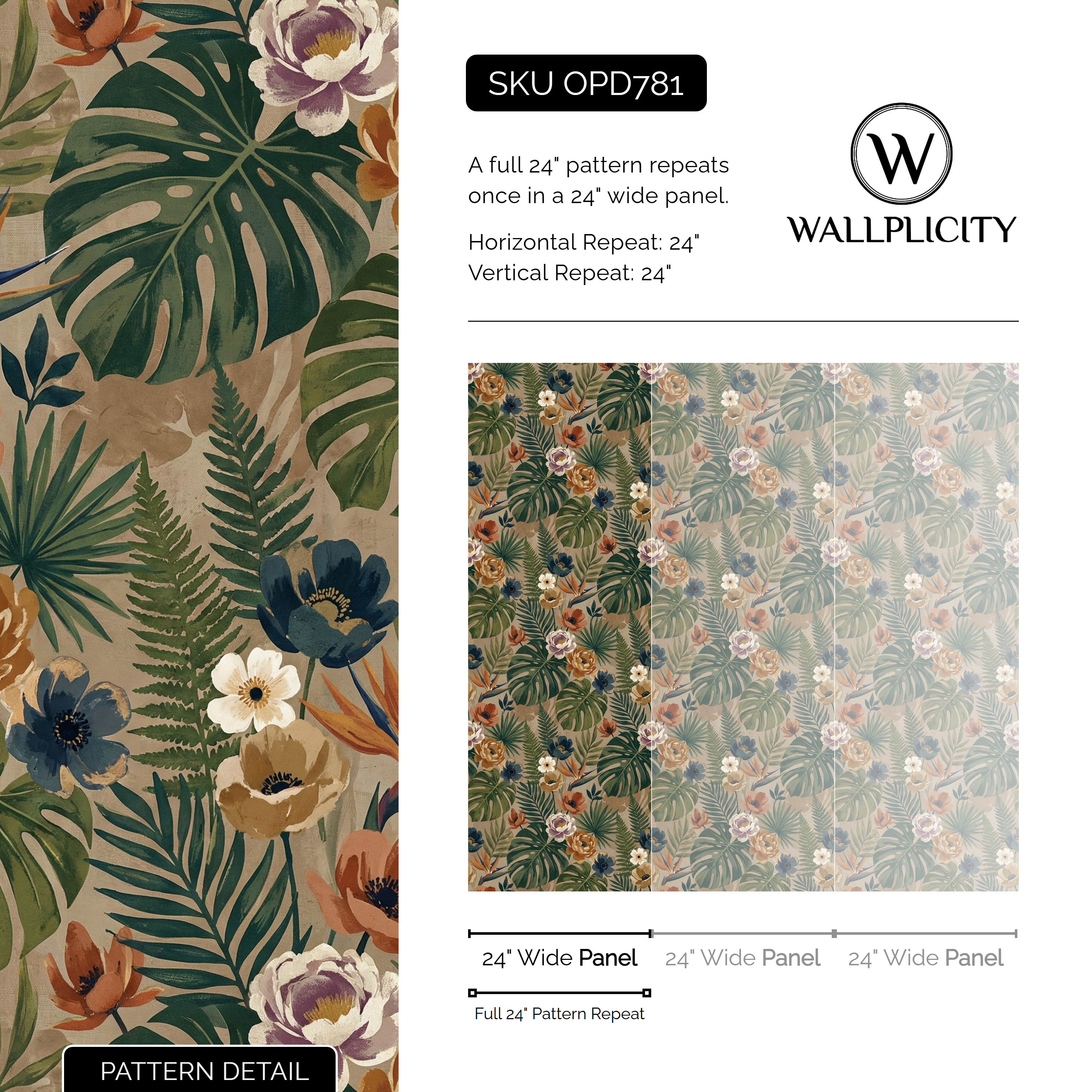 Taupe Tropic wallpaper pattern detail and repeat size