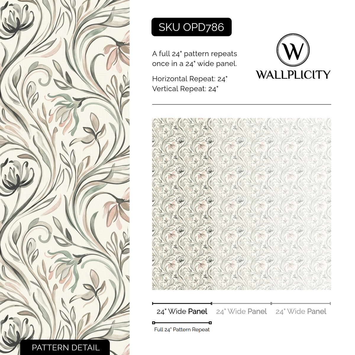 Pencil Botanical wallpaper pattern detail and repeat size