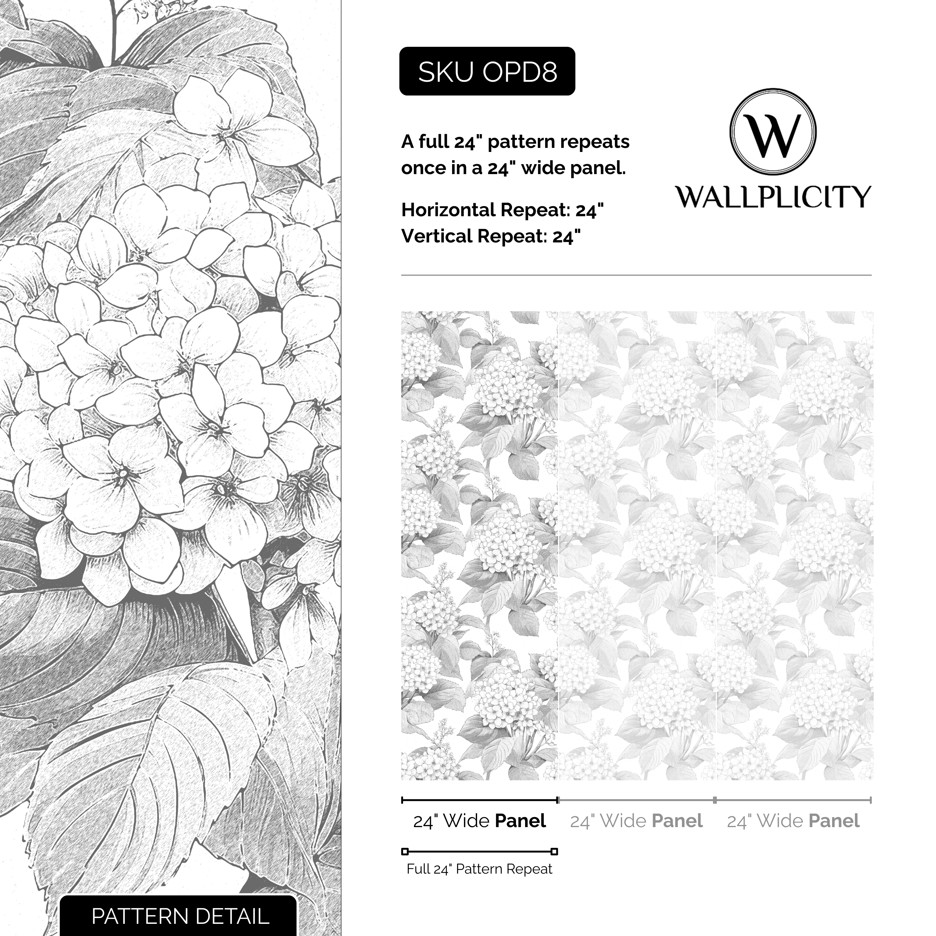 Ink Hydrangea wallpaper pattern detail and repeat size