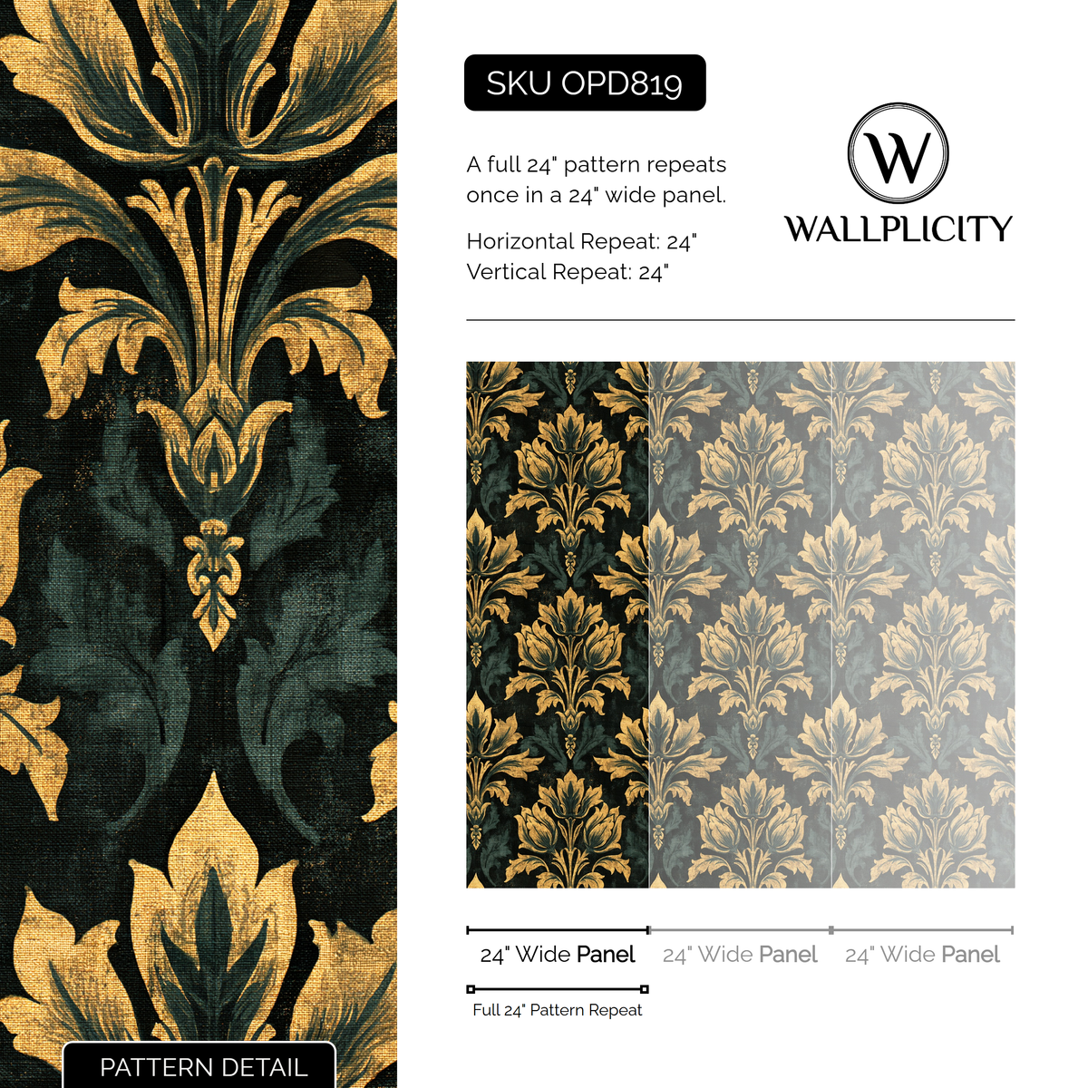 Abbey Gold wallpaper pattern detail and repeat size