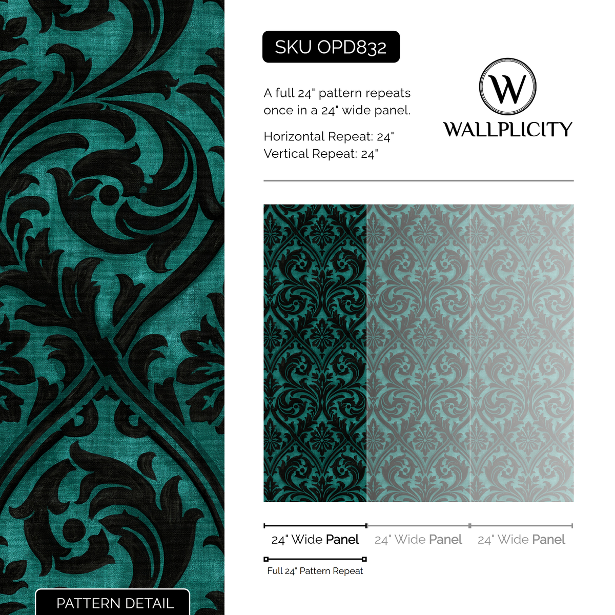 Teal Silhouette wallpaper pattern detail and repeat size