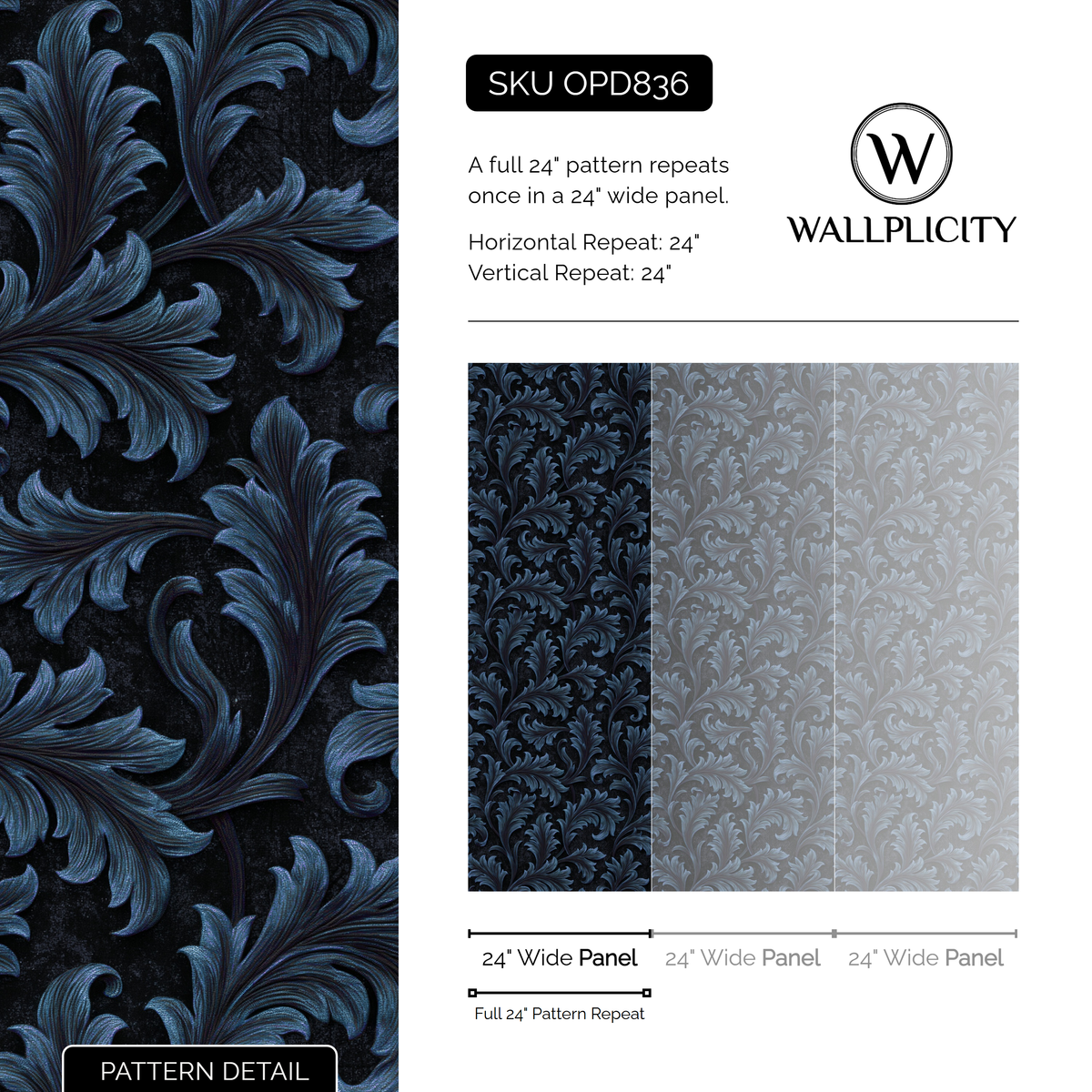 Steel Frond wallpaper pattern detail and repeat size
