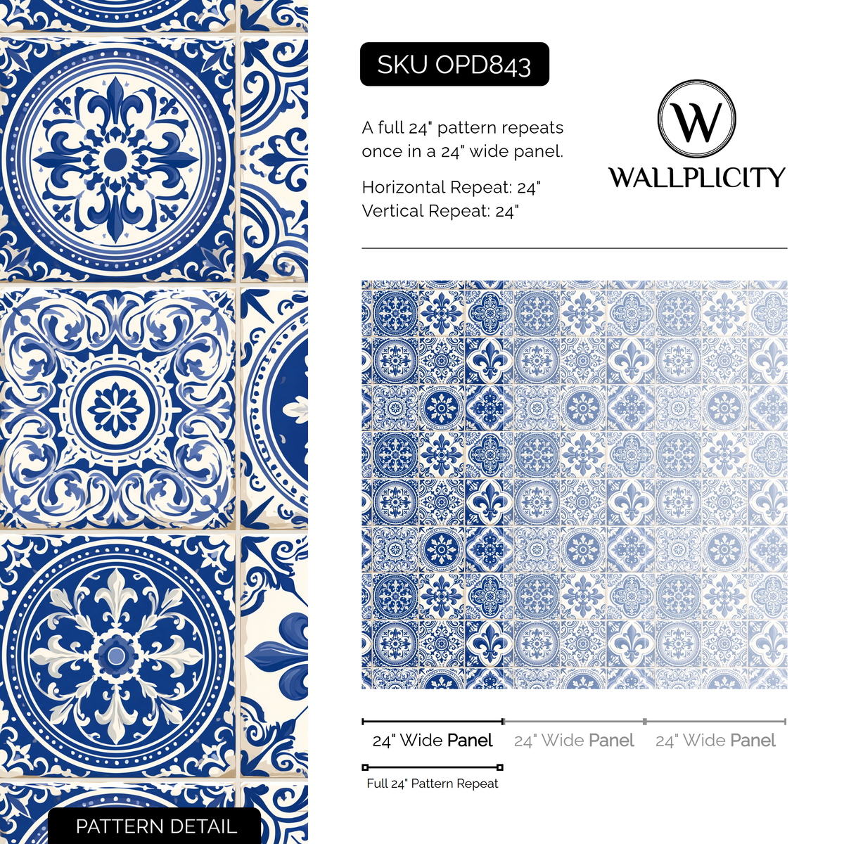 Lisbon Blue wallpaper pattern detail and repeat size