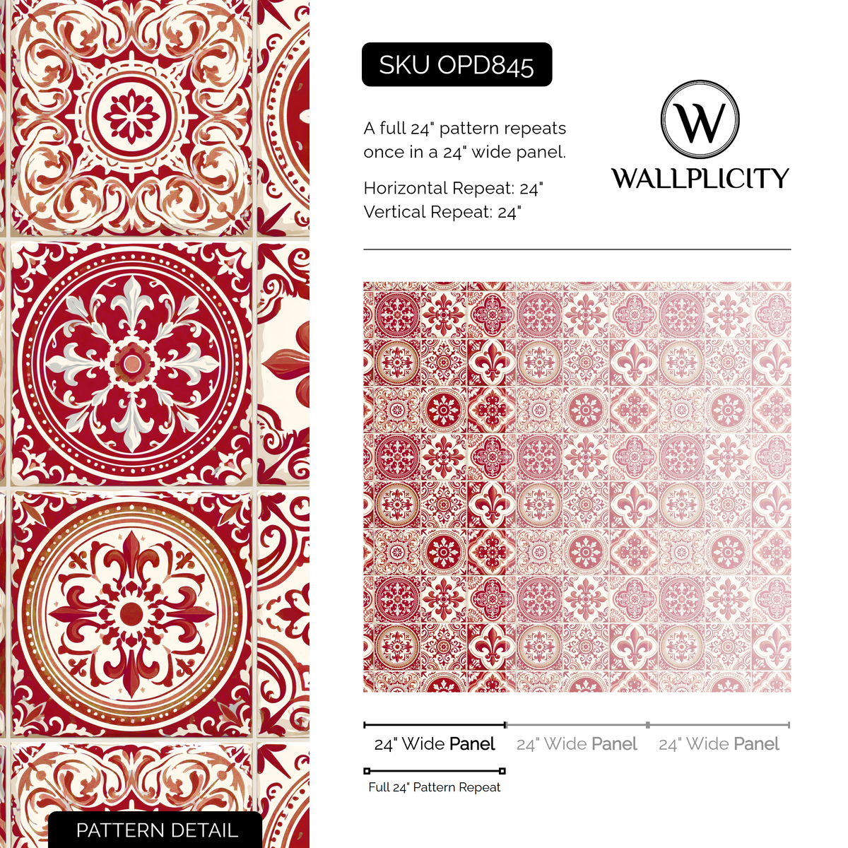 Lisbon Crimson wallpaper pattern detail and repeat size