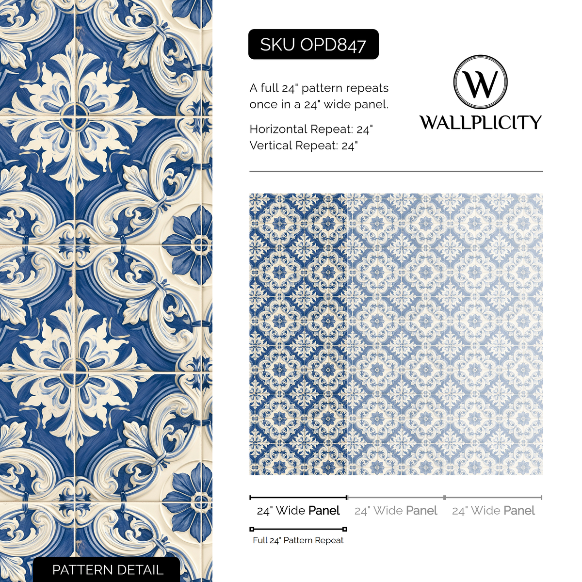Porto Blue wallpaper pattern detail and repeat size