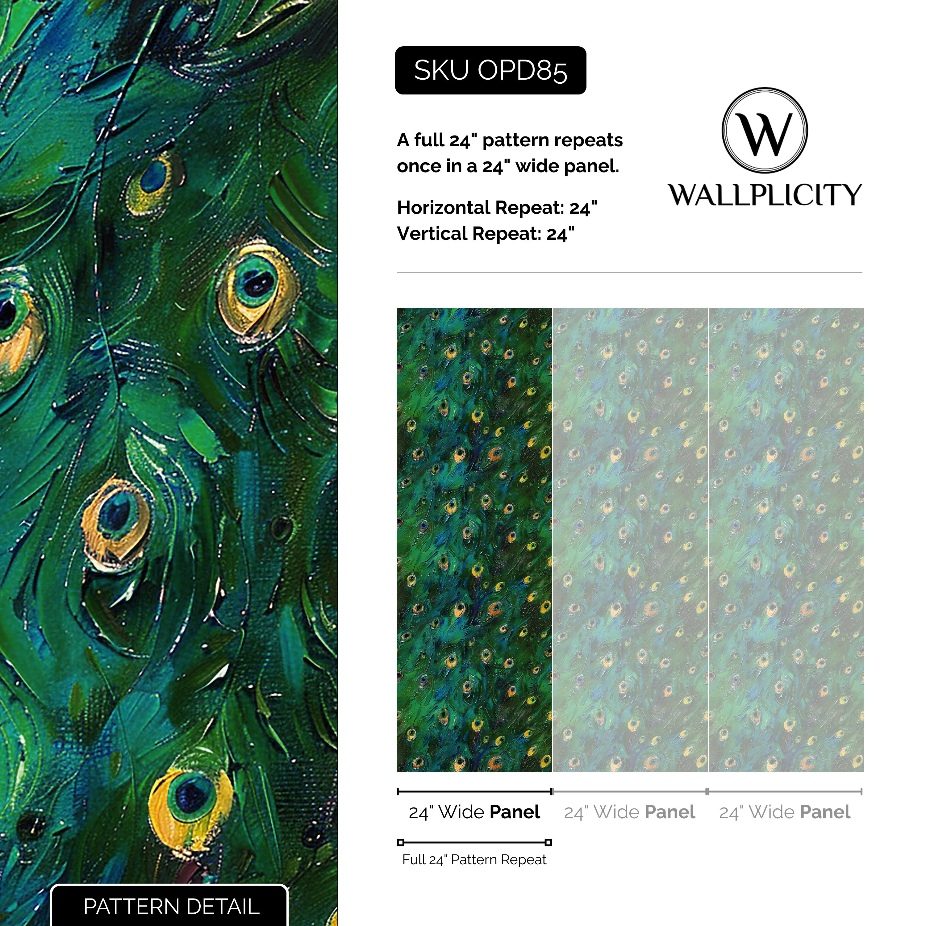 Peacock Parade wallpaper pattern detail and repeat size