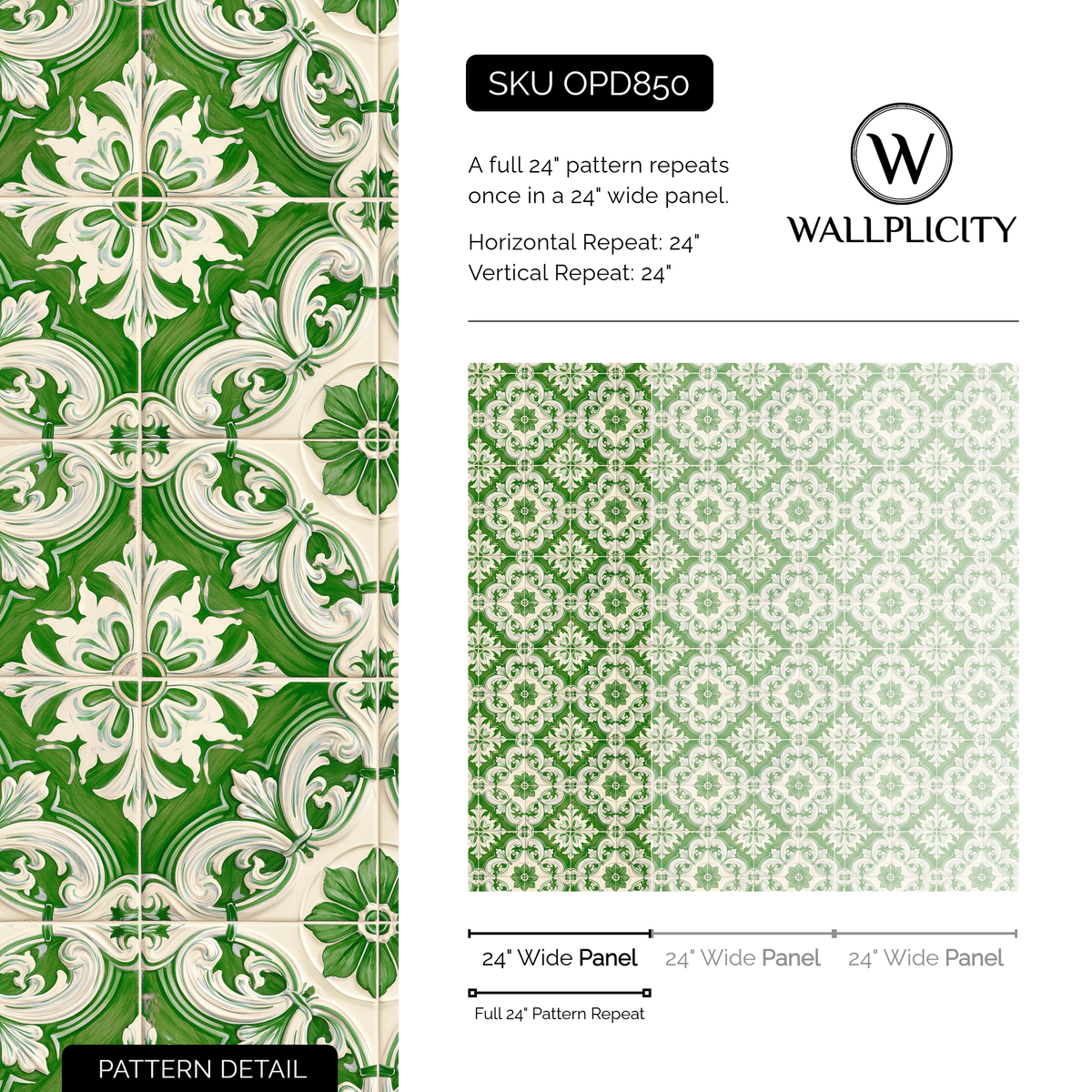 Porto Green wallpaper pattern detail and repeat size