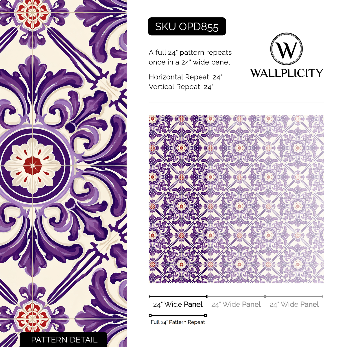 Coimbra Violet wallpaper pattern detail and repeat size