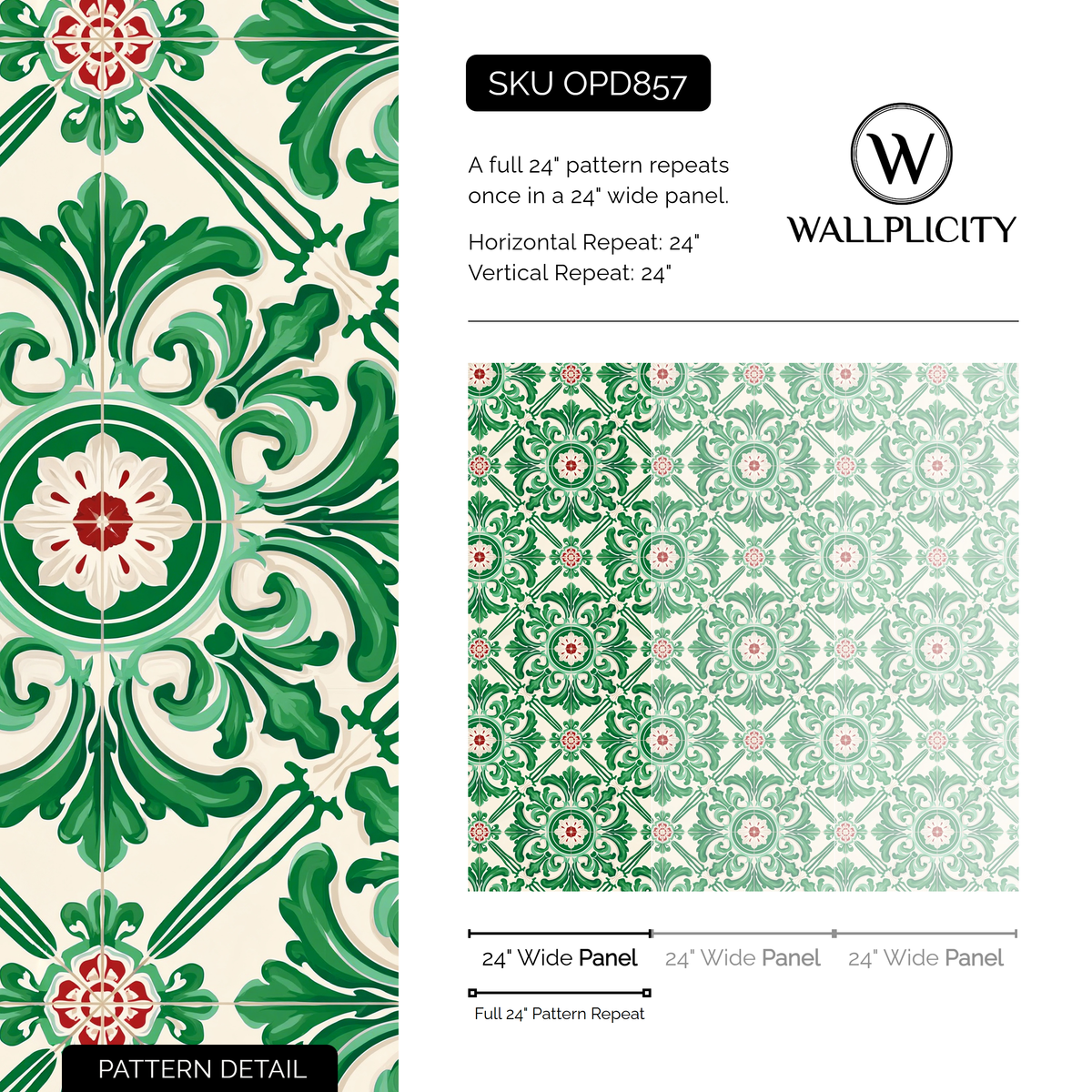 Coimbra Green wallpaper pattern detail and repeat size