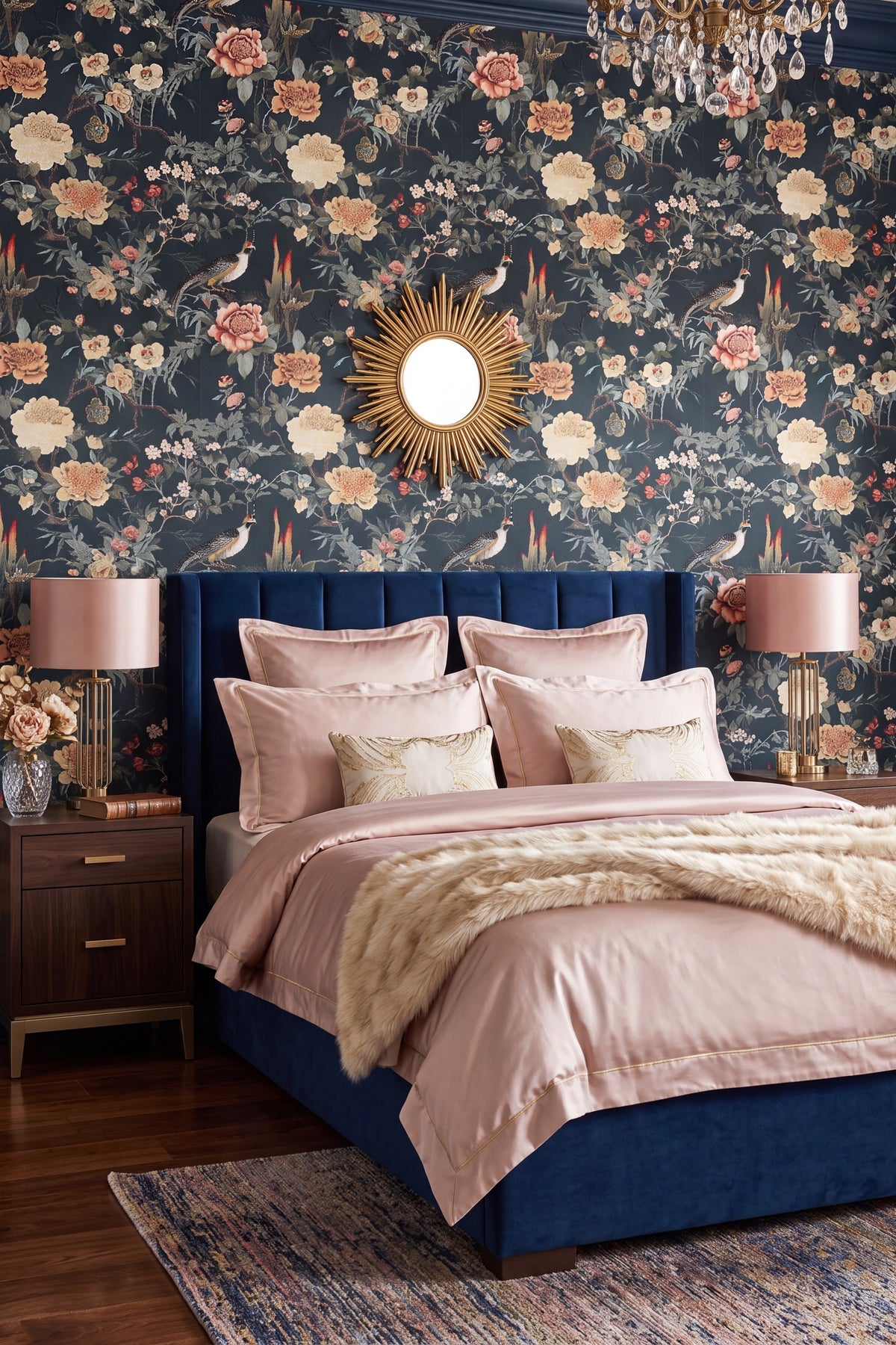 A styled bedroom featuring a dark navy blue upholstered bed with blush pink bedding and a textured cream throw, set against a dark floral wallpaper with birds and flowers. A gold sunburst wall mirror hangs above the headboard, flanked by matching bedside tables and lamps.