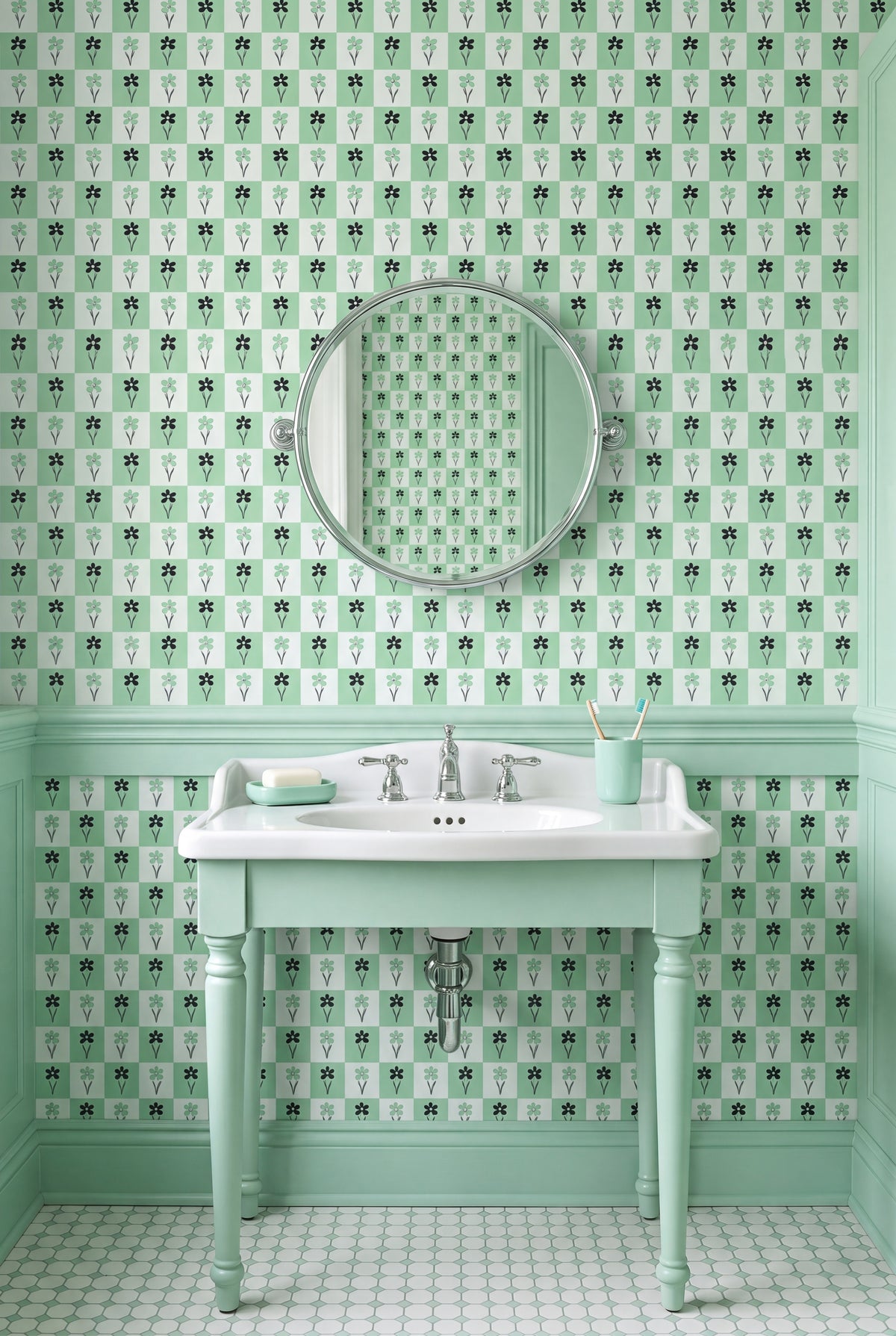 A vintage-style bathroom vanity with a white ceramic sink, silver faucet, and a round mirror mounted on a wall covered in mint green and white patterned wallpaper. The vanity itself is painted in a matching mint green, and the floor features small white tiles with dark outlines.