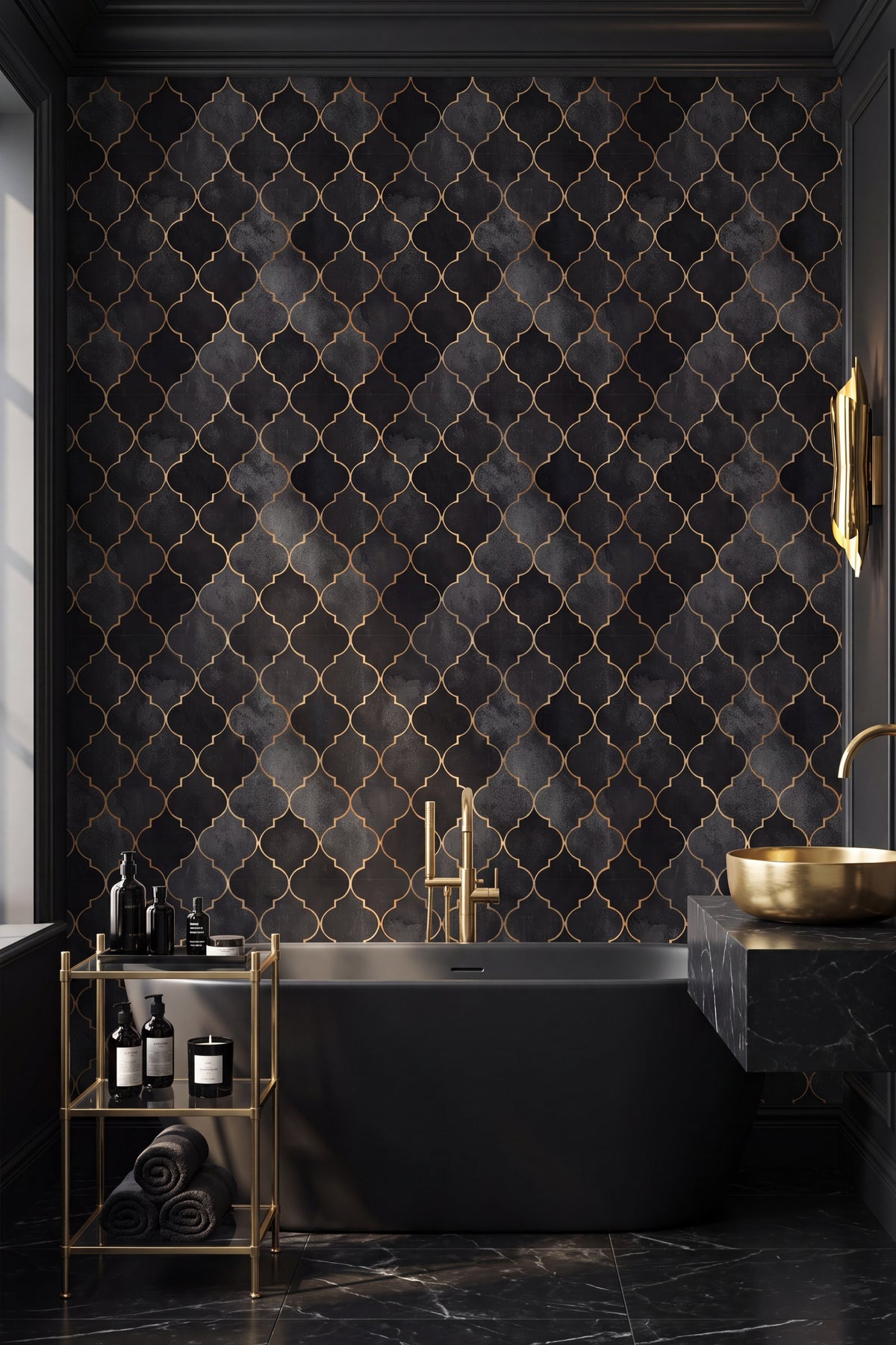A luxury bathroom interior featuring a black freestanding bathtub set against a dramatic wall of black mosaic tiles with a gold trellis pattern. The room is styled with gold fixtures, a gold vessel sink, and a small gold-framed side table holding toiletries.