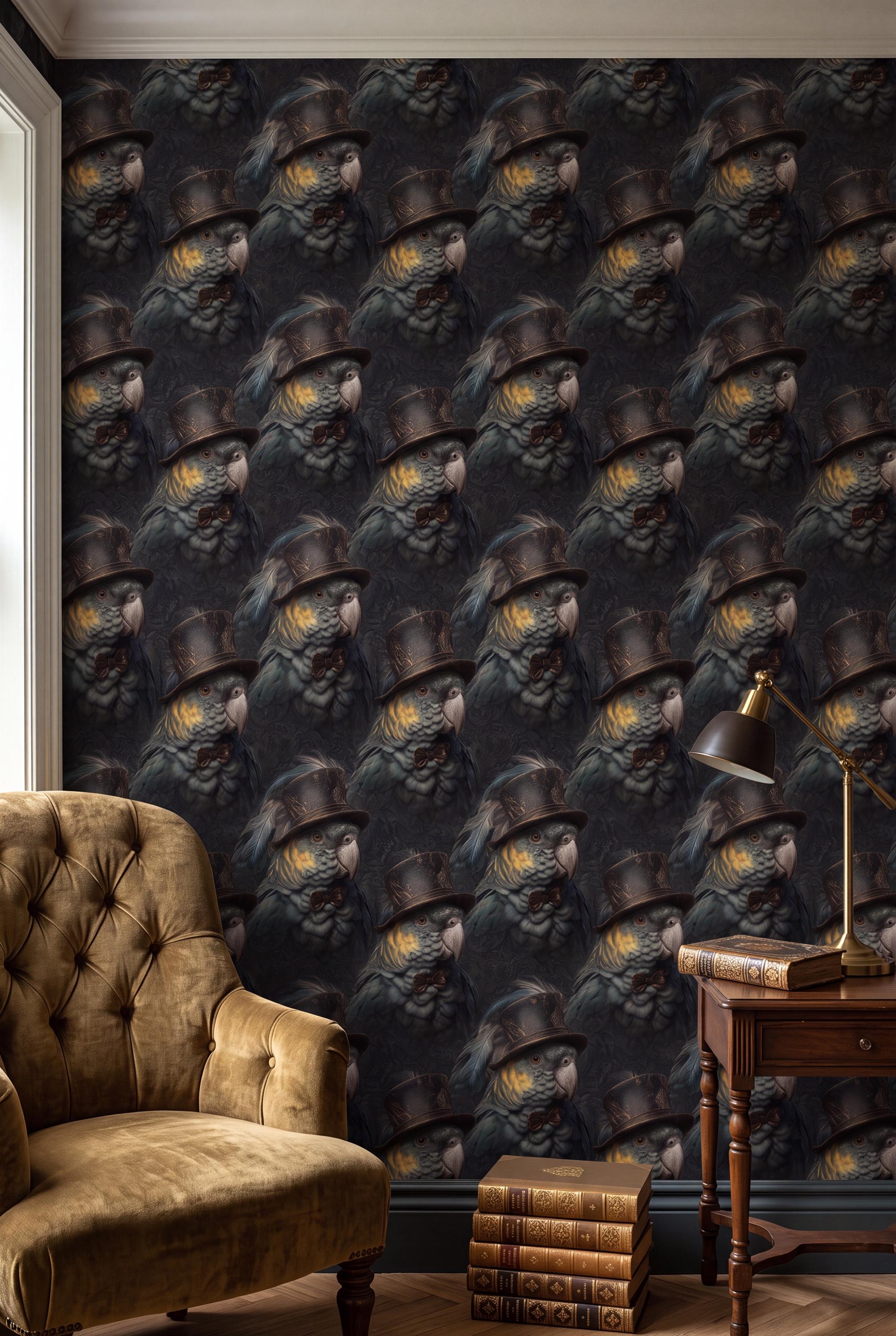 The Raconteur wallpaper shown in a powder room
