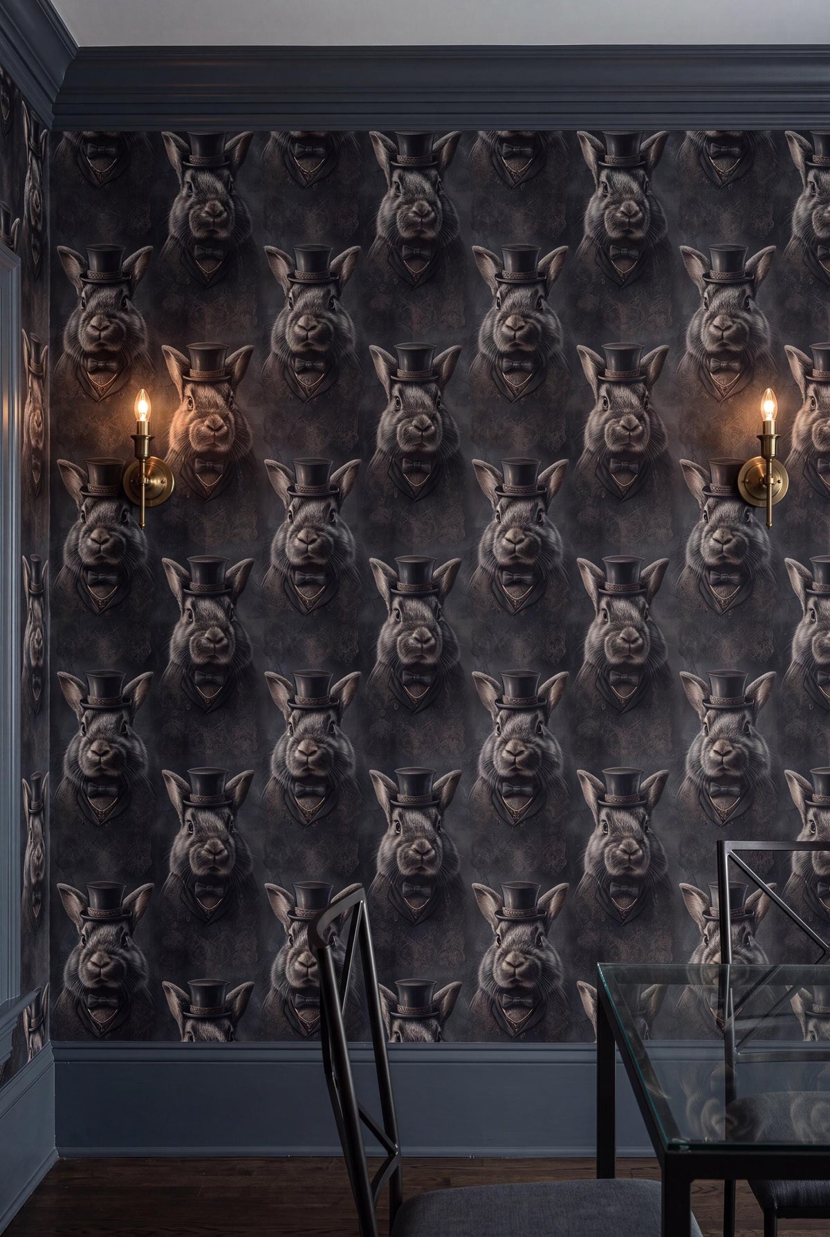 Hare Apparent wallpaper shown in a dining room