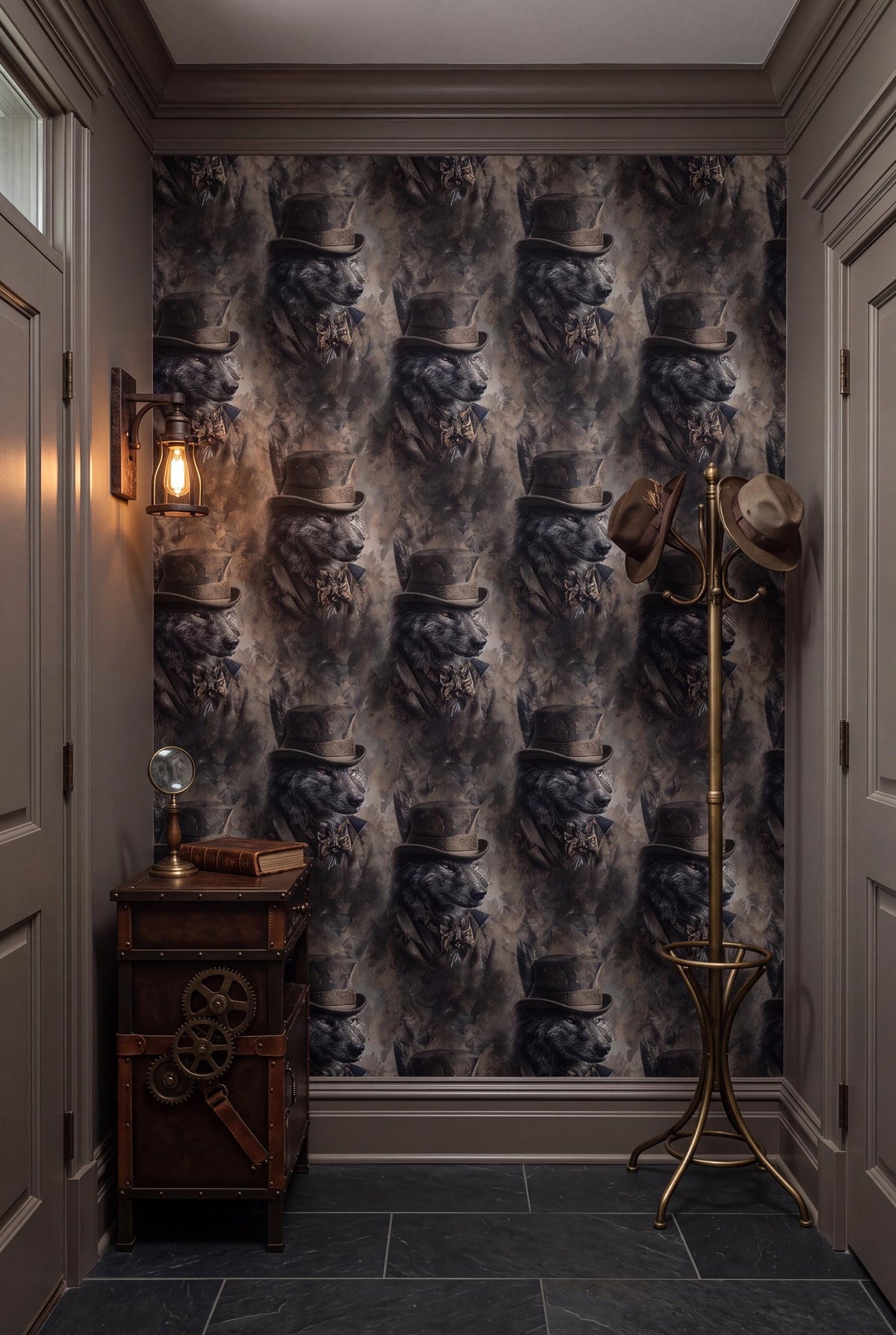 The Night Warden wallpaper shown in a powder room