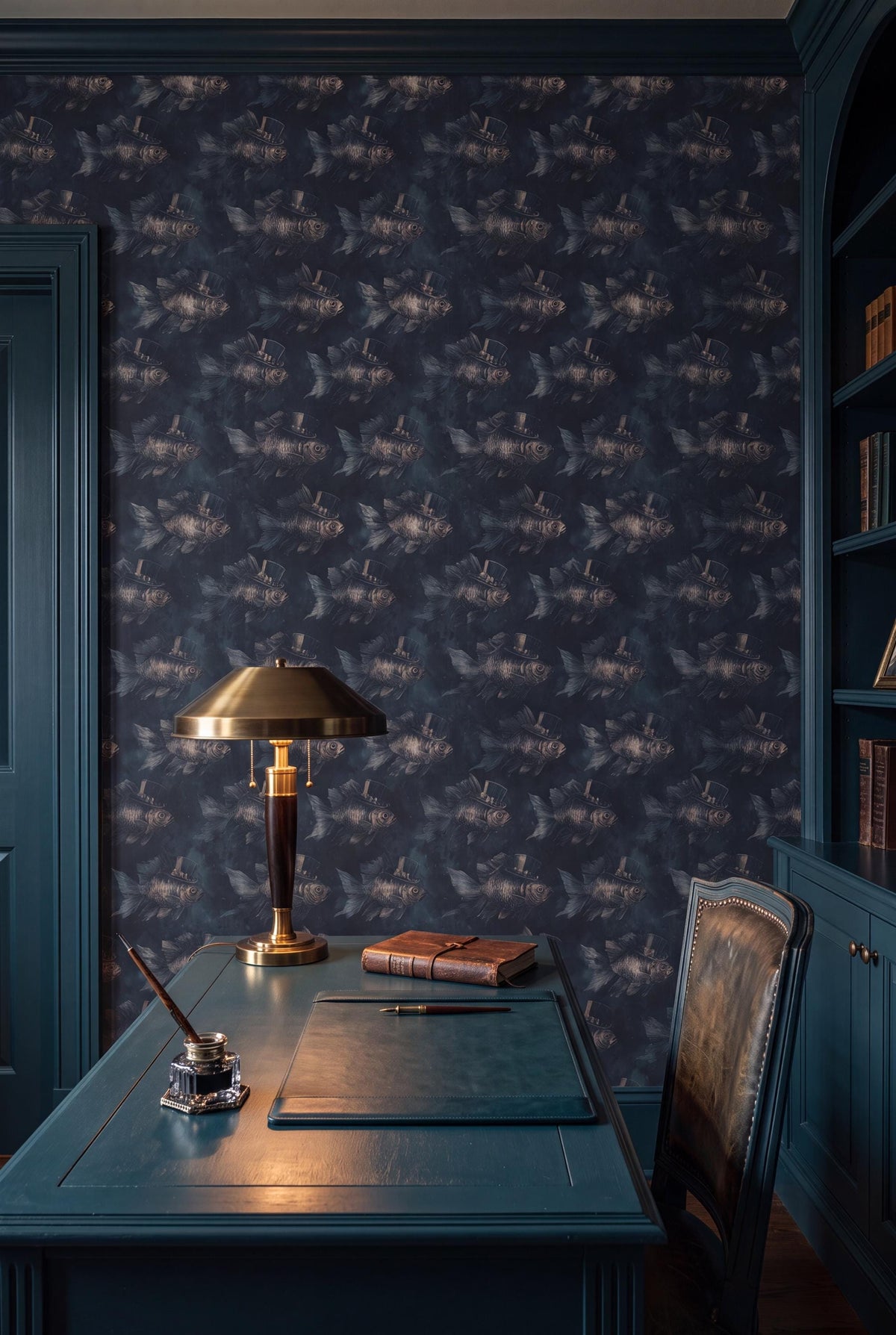 The Dinner Guest wallpaper shown in a home office