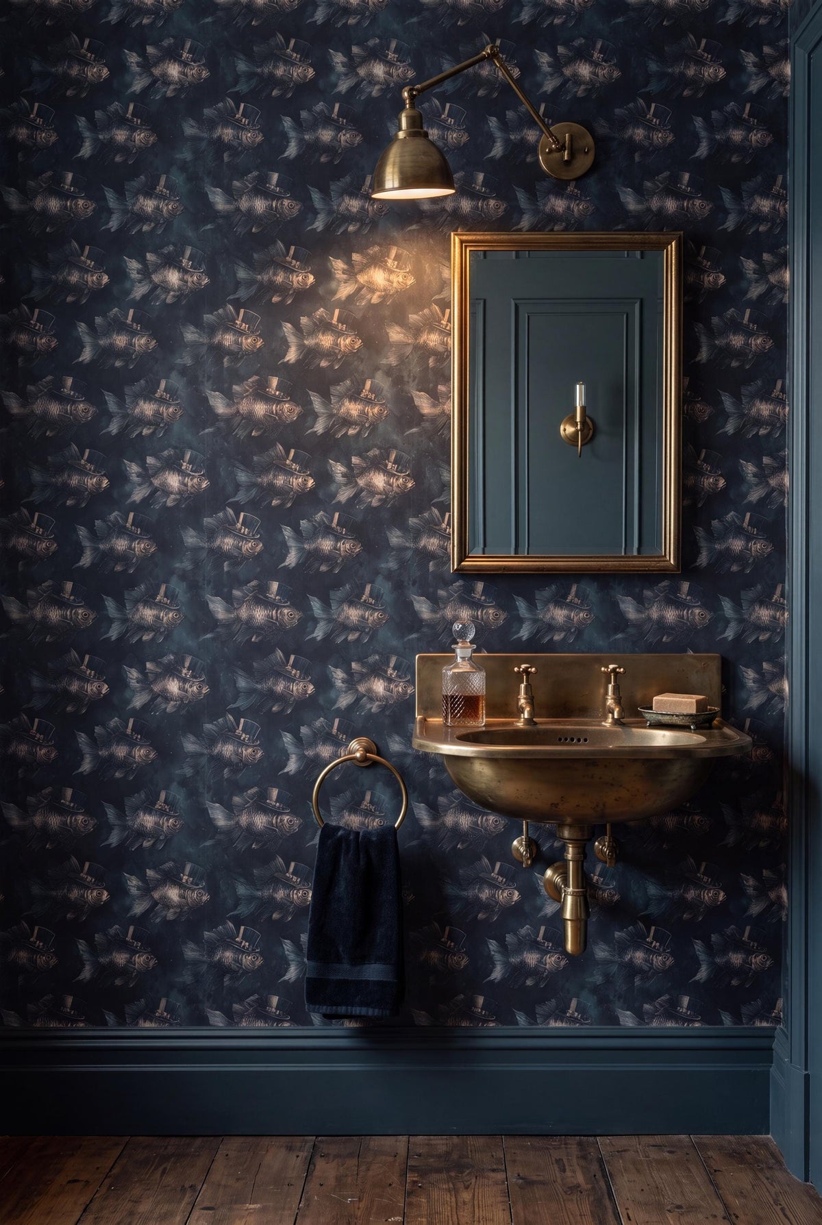 The Dinner Guest wallpaper shown in a powder room