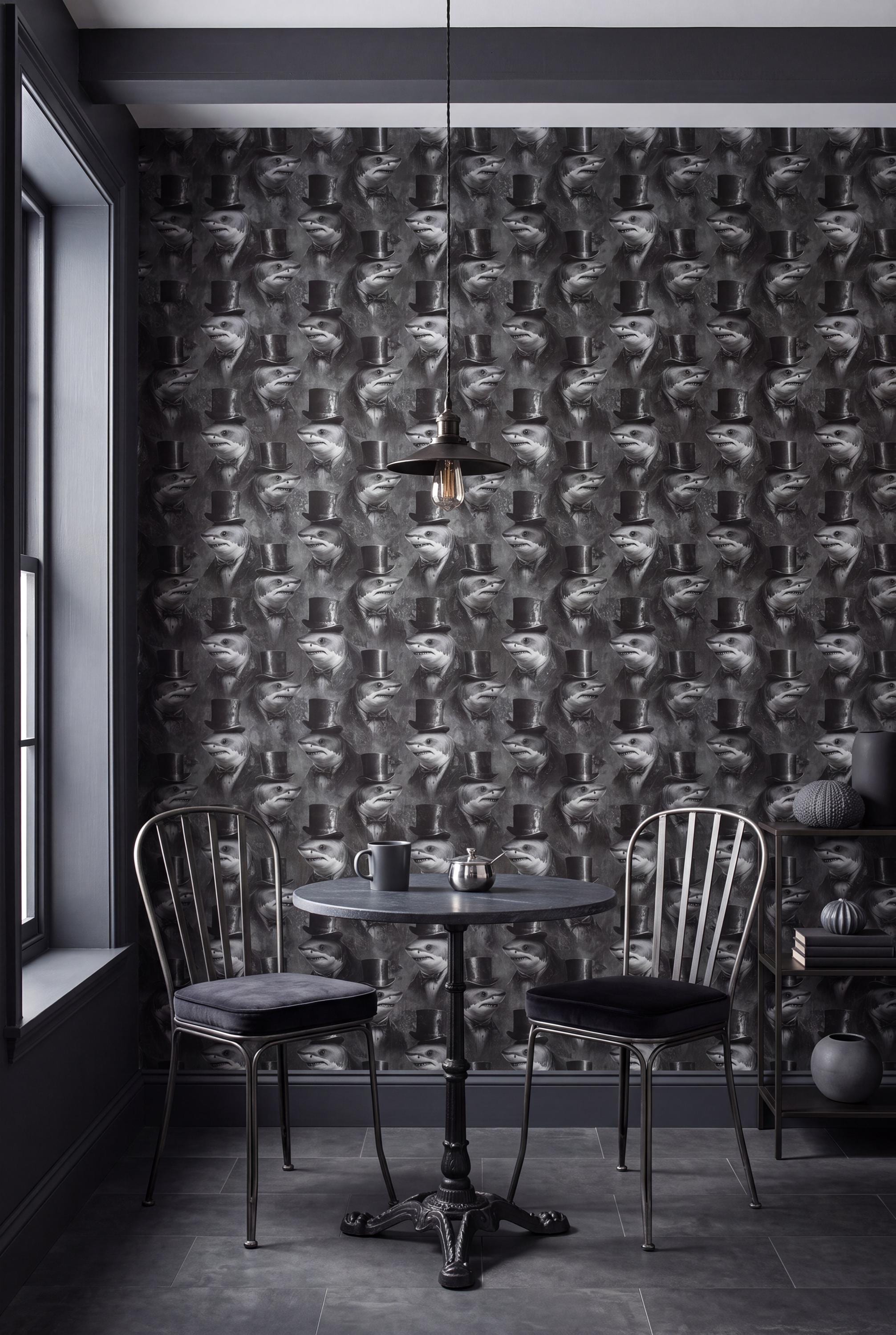 The Loan Shark wallpaper shown in a powder room