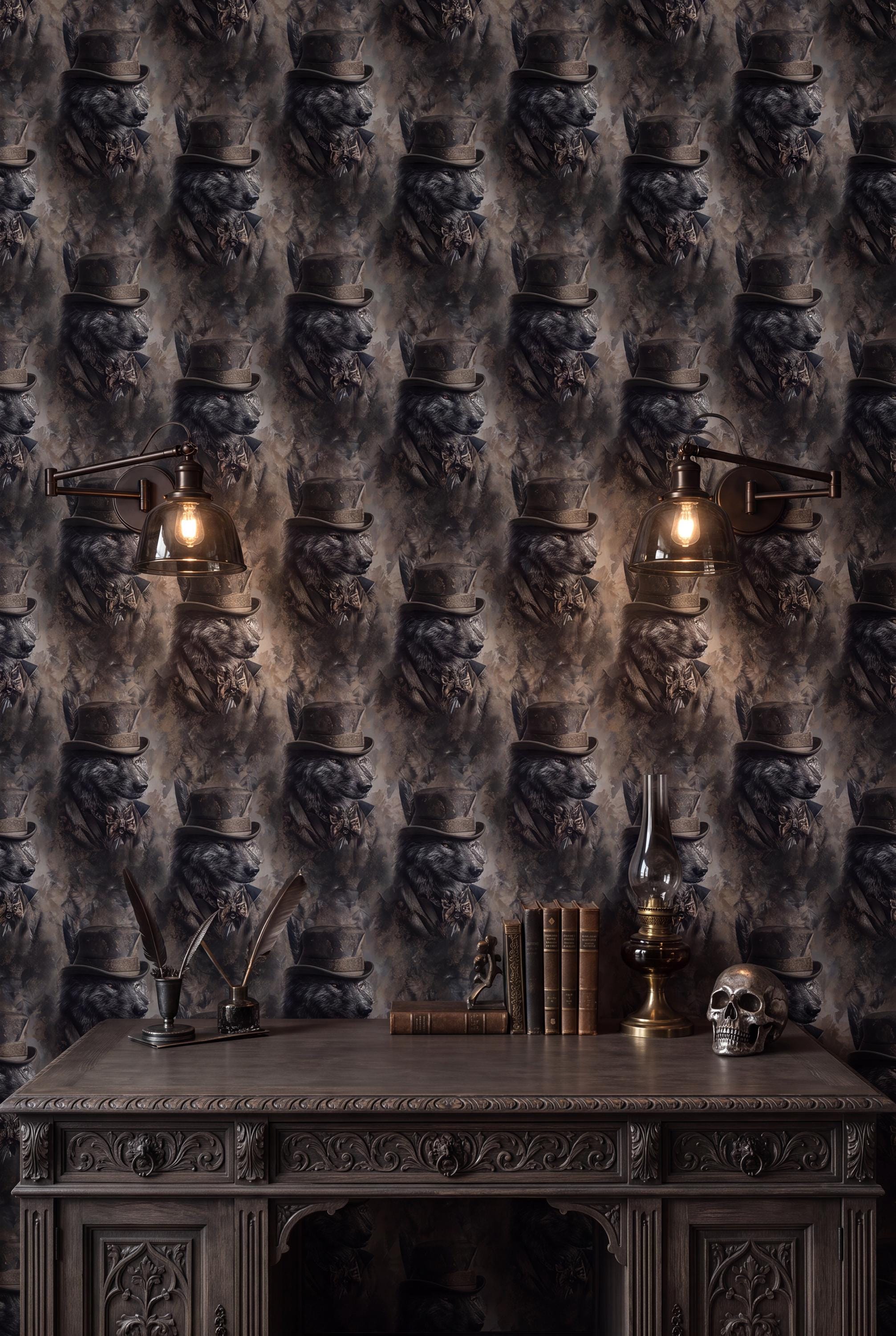 The Night Warden wallpaper shown in a home office
