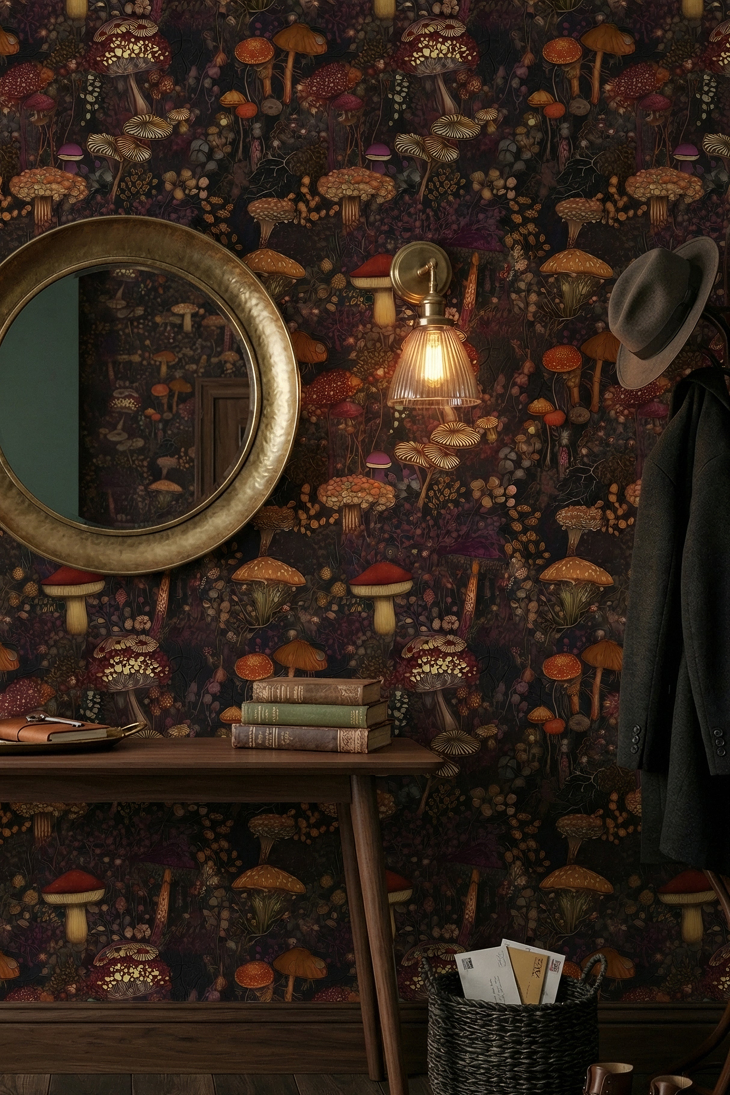 Amber and rust mushrooms on a near-black woodland wallpaper in an entryway.