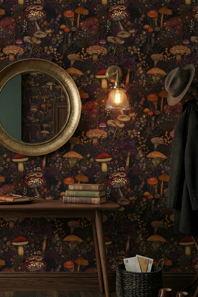 Amber and rust mushrooms on a near-black woodland wallpaper in an entryway.