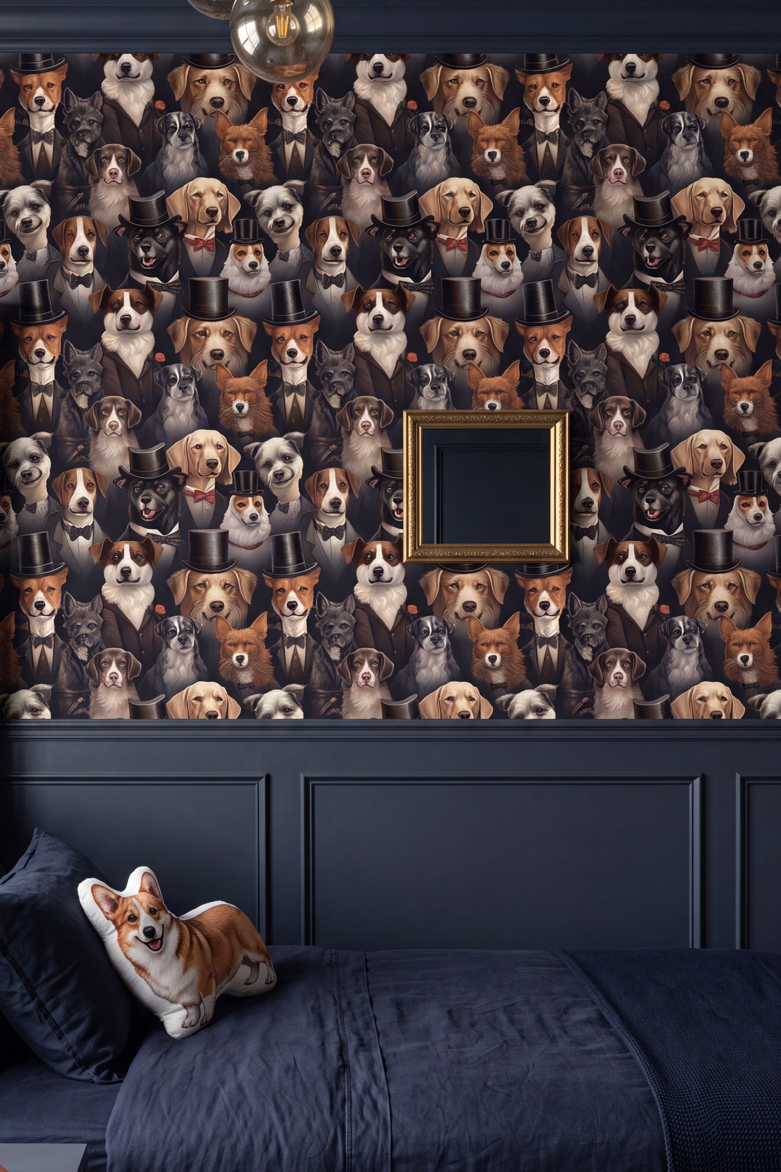 Vintage dog portrait wallpaper in a kids room.