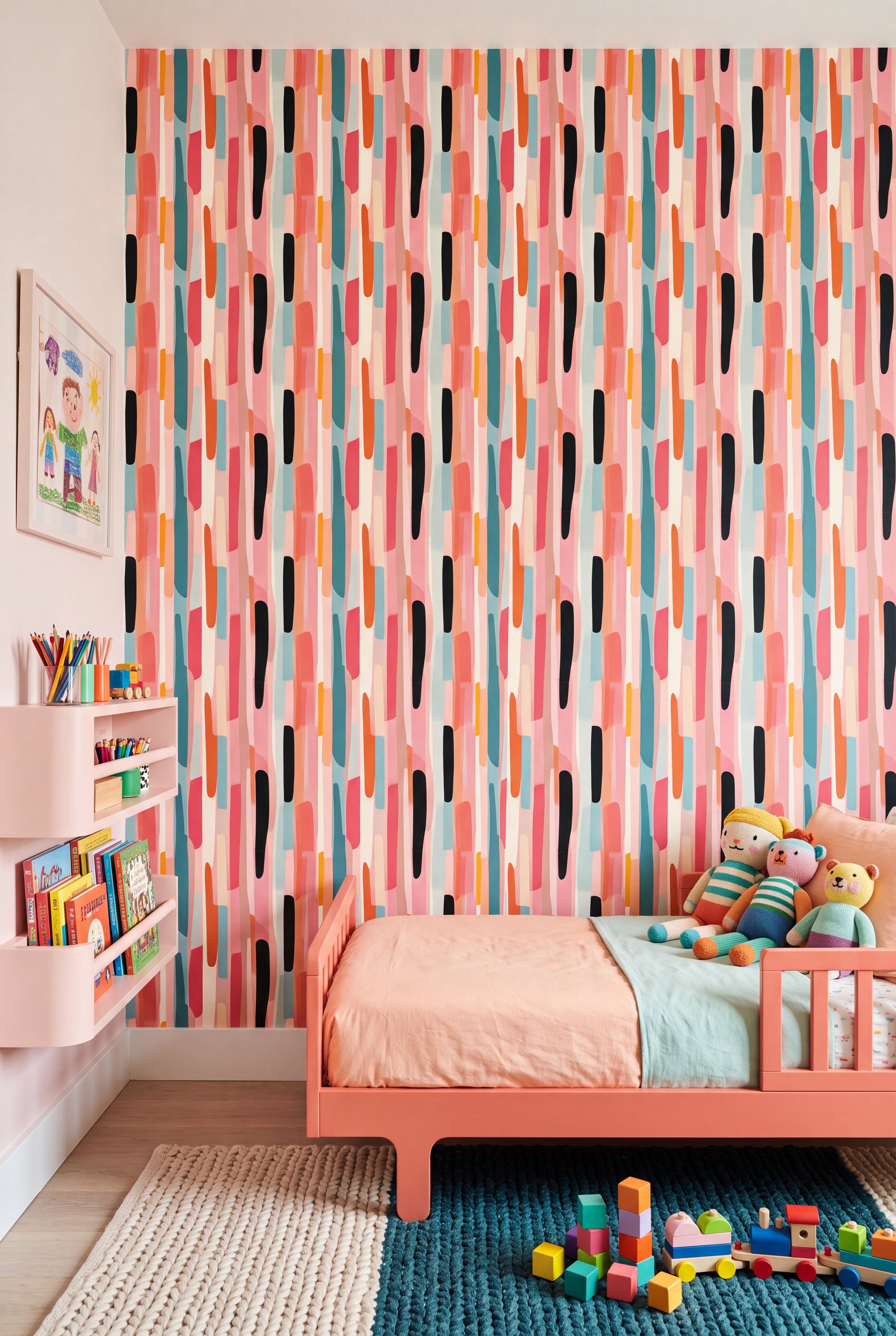 Playful multicolor retro stripes on a lively wallpaper in a kids' room.