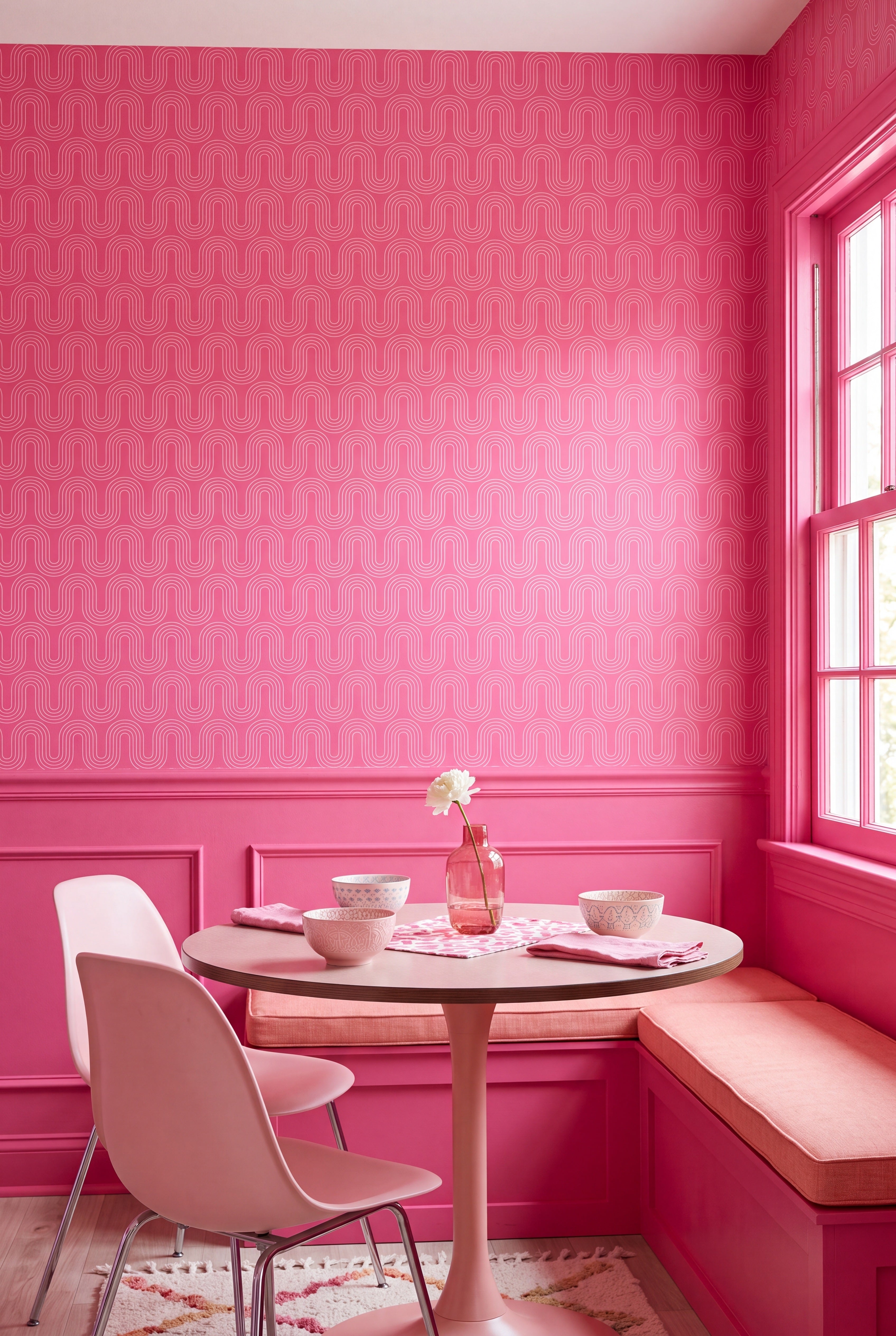 Soft pink retro wavy stripe wallpaper in a cozy nook.