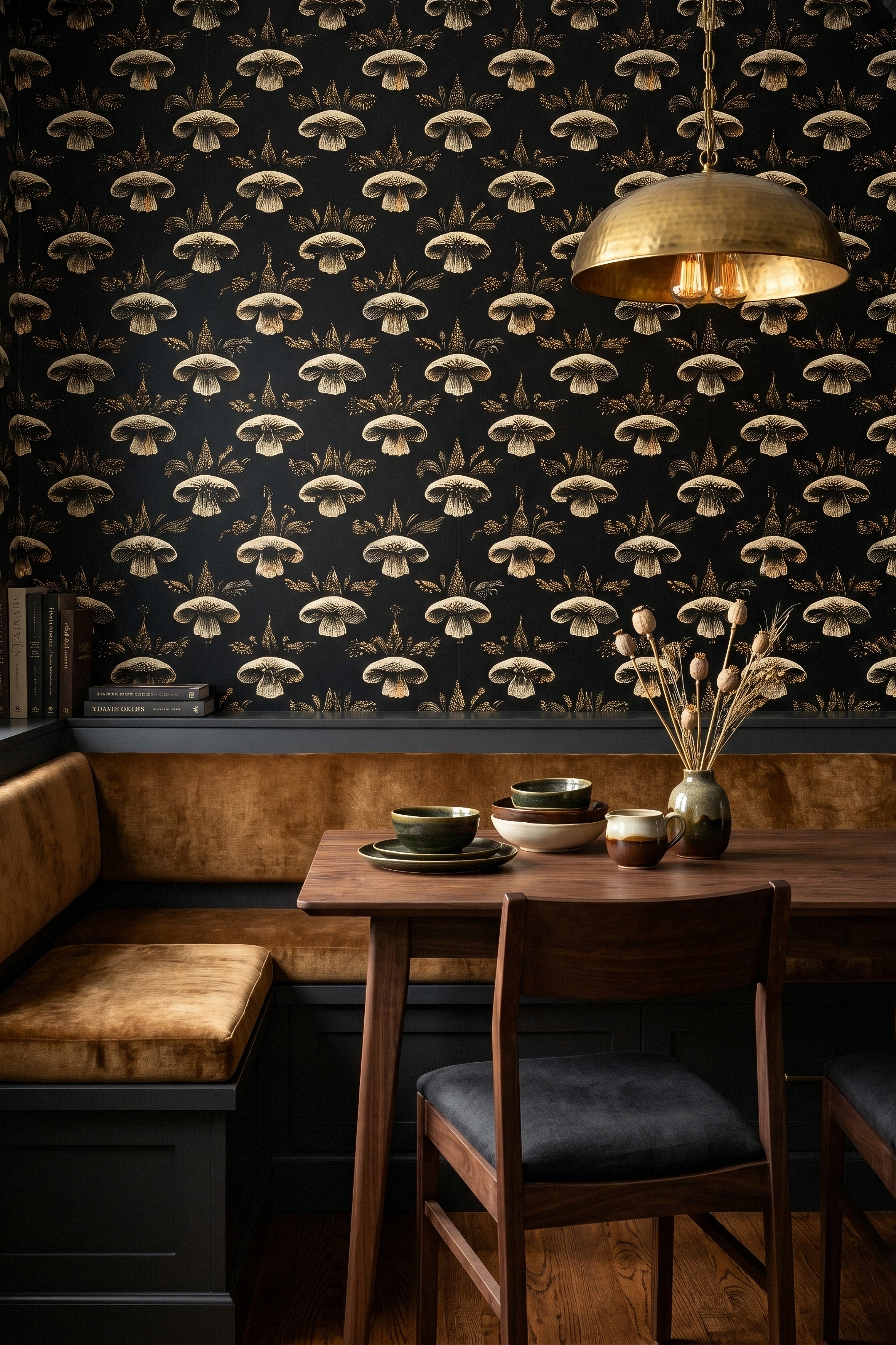 Vintage mushrooms and forest sprigs on deep black wallpaper in a cozy nook.