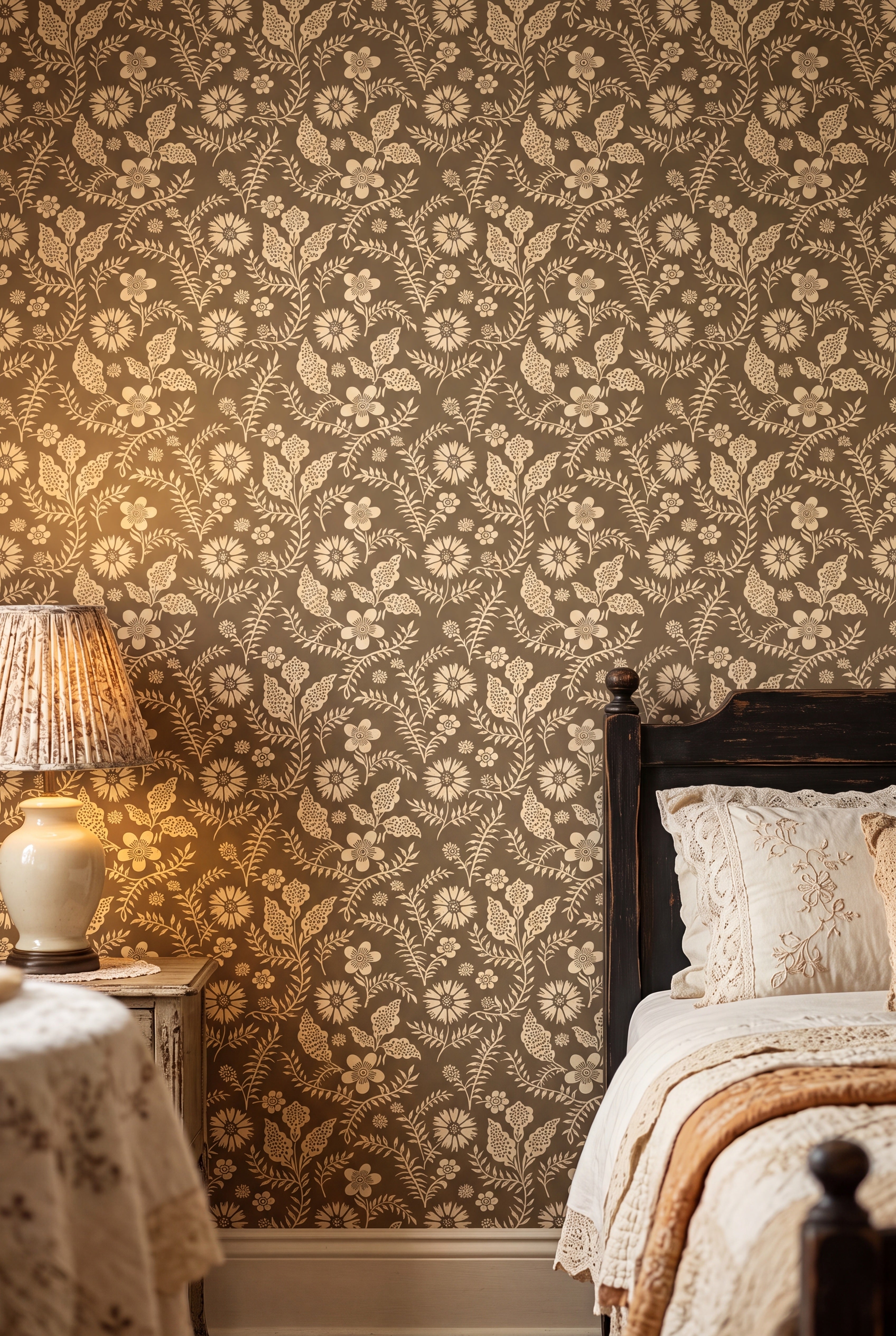 Cream and linen block-print florals on a calm wallpaper in a bedroom.