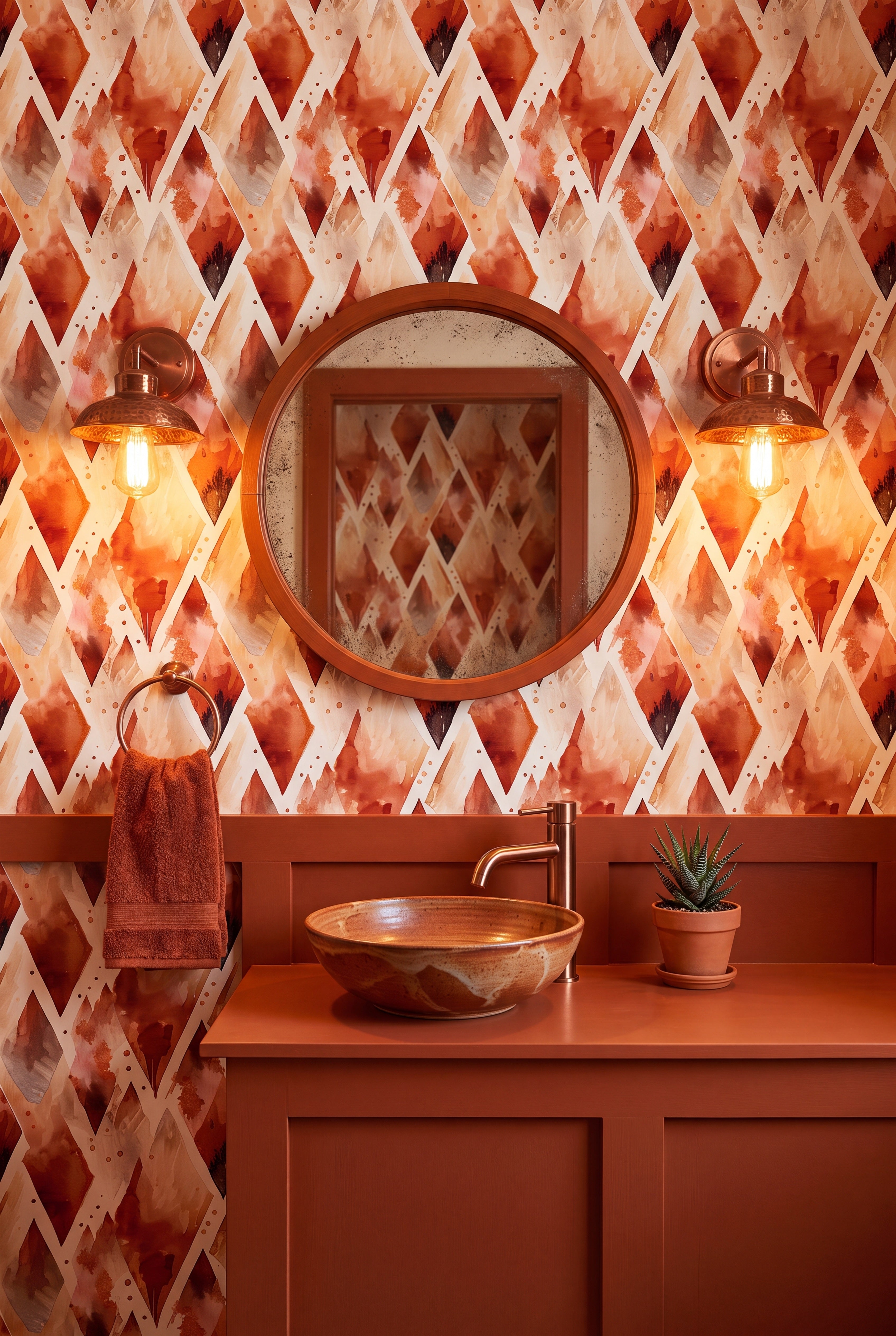 Rust and peach watercolor harlequin diamonds on cream wallpaper in a powder room.